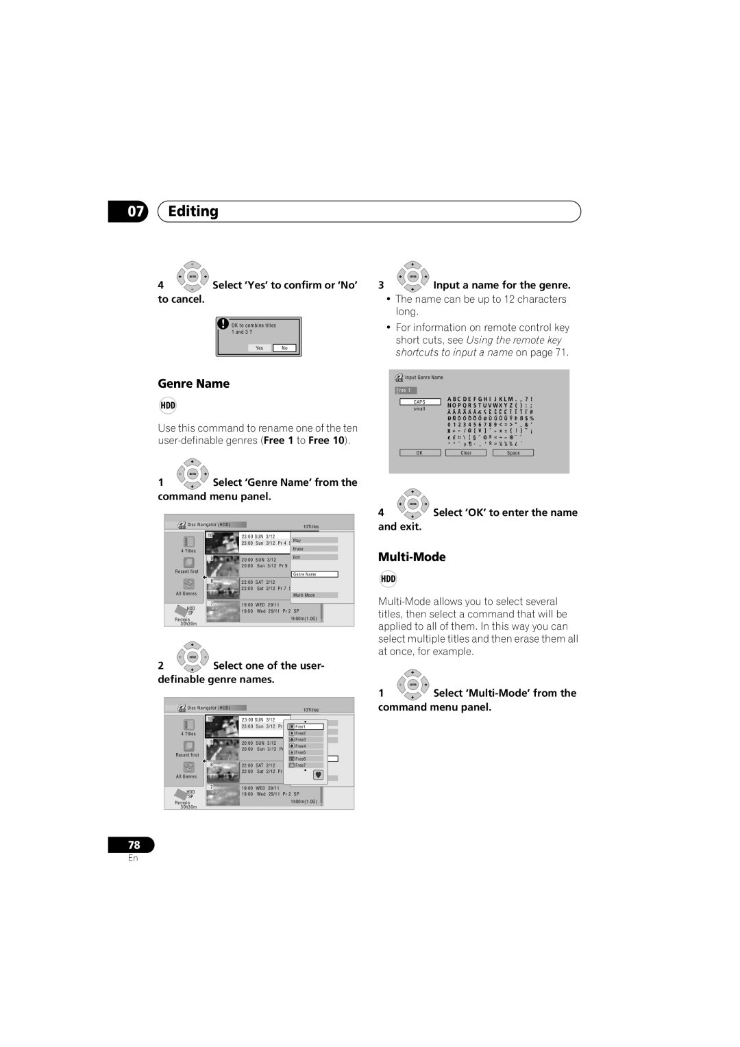 Pioneer DVR-541H-S operating instructions Genre Name, Multi-Mode, Definable genre names, Exit 