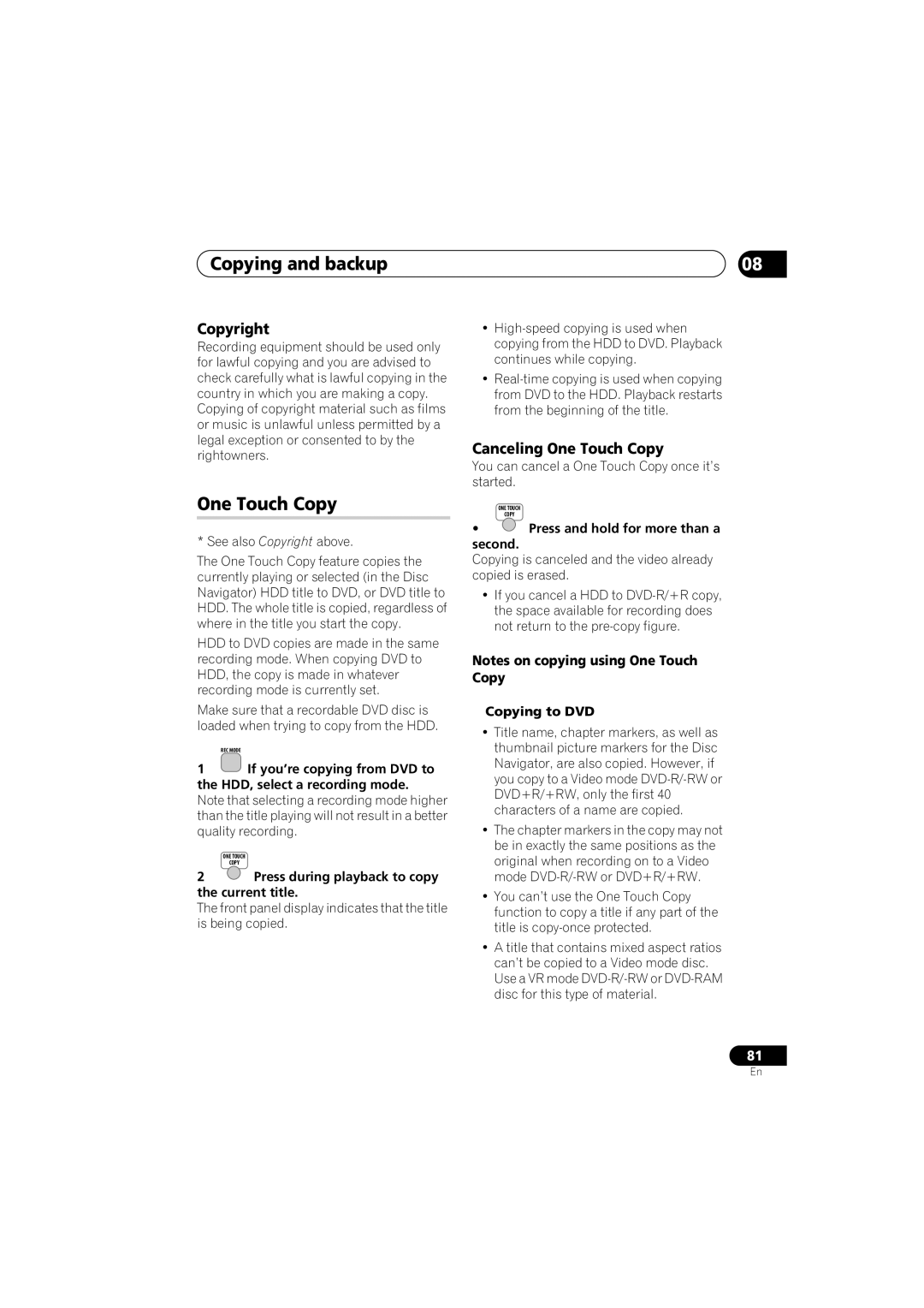 Pioneer DVR-541H-S operating instructions Copying and backup, Copyright, Canceling One Touch Copy 