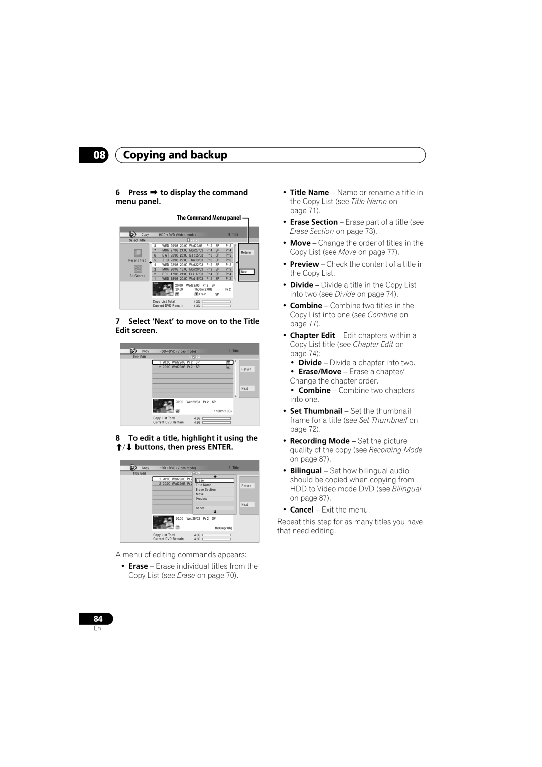 Pioneer DVR-541H-S Press to display the command menu panel, Select ‘Next’ to move on to the Title Edit screen 