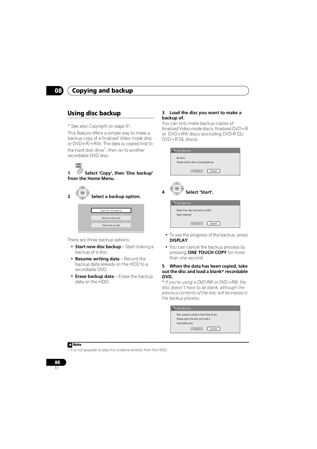 Pioneer DVR-541H-S Copying and backup Using disc backup, Select ‘Copy’, then ‘Disc backup’ from the Home Menu, Display 