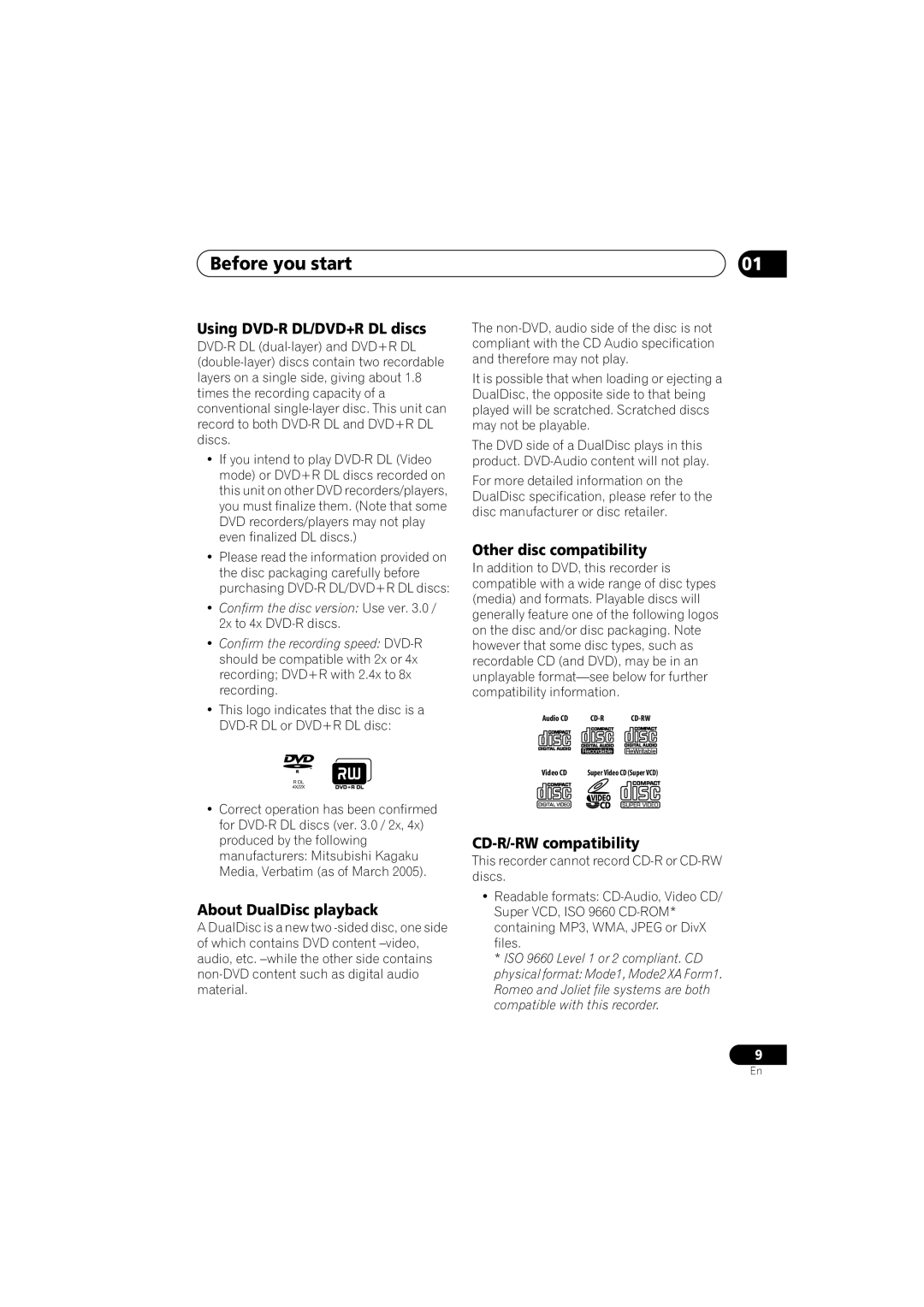 Pioneer DVR-541H-S operating instructions Using DVD-R DL/DVD+R DL discs, Other disc compatibility, About DualDisc playback 