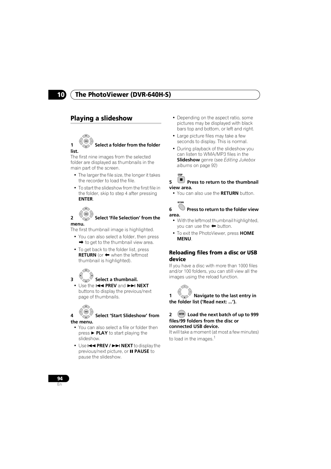 Pioneer DVR-541H-S operating instructions Playing a slideshow, Reloading files from a disc or USB device 