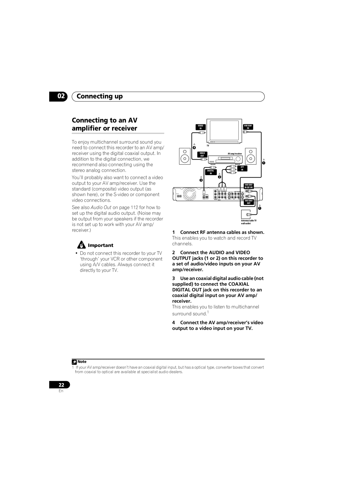 Pioneer DVR-543H-S, DVR-540H-S operating instructions Connecting up Connecting to an AV amplifier or receiver 