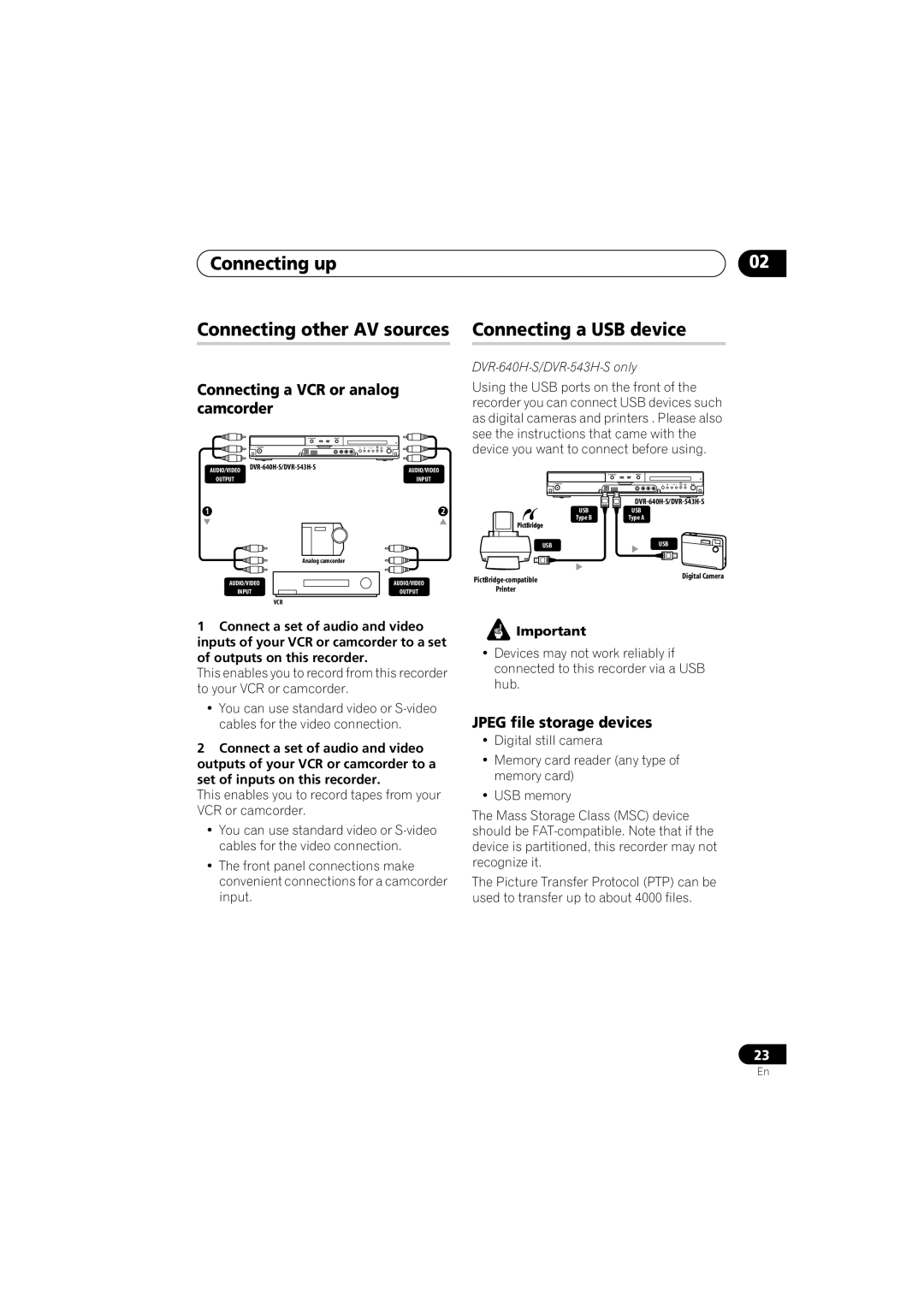 Pioneer DVR-540H-S, DVR-543H-S operating instructions Connecting a USB device, Jpeg file storage devices 