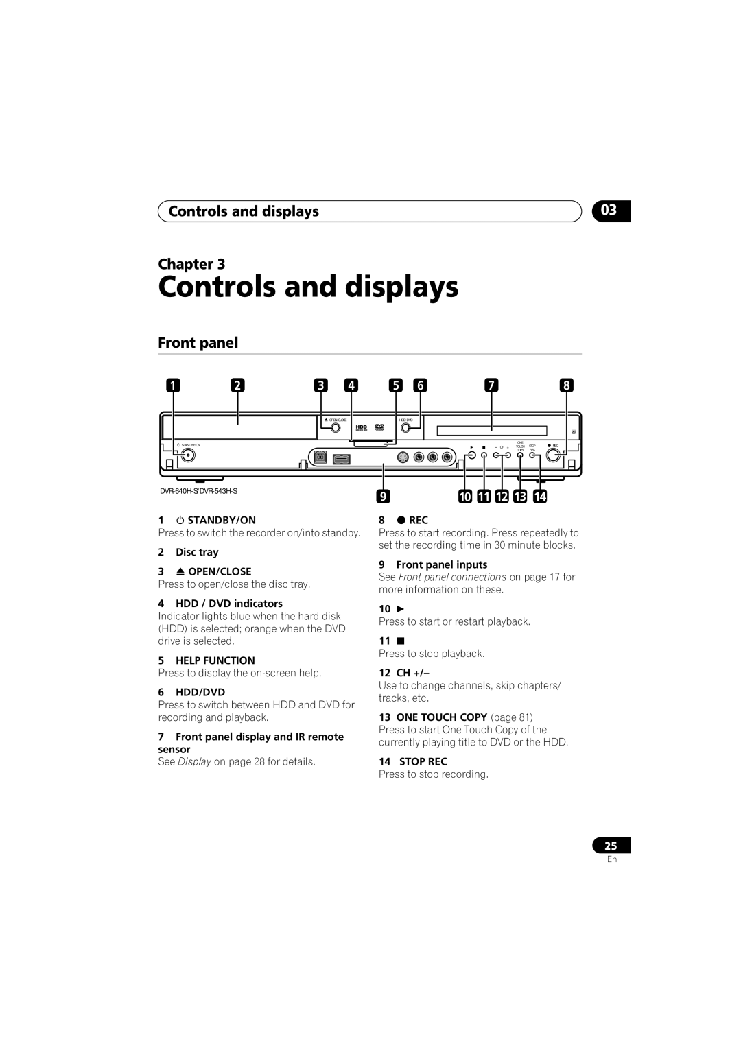 Pioneer DVR-540H-S, DVR-543H-S operating instructions Controls and displays Chapter, Front panel 