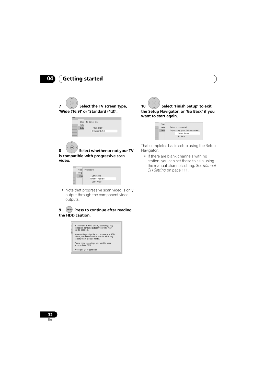 Pioneer DVR-543H-S, DVR-540H-S operating instructions Select the TV screen type ‘Wide 169’ or ‘Standard 43’ 