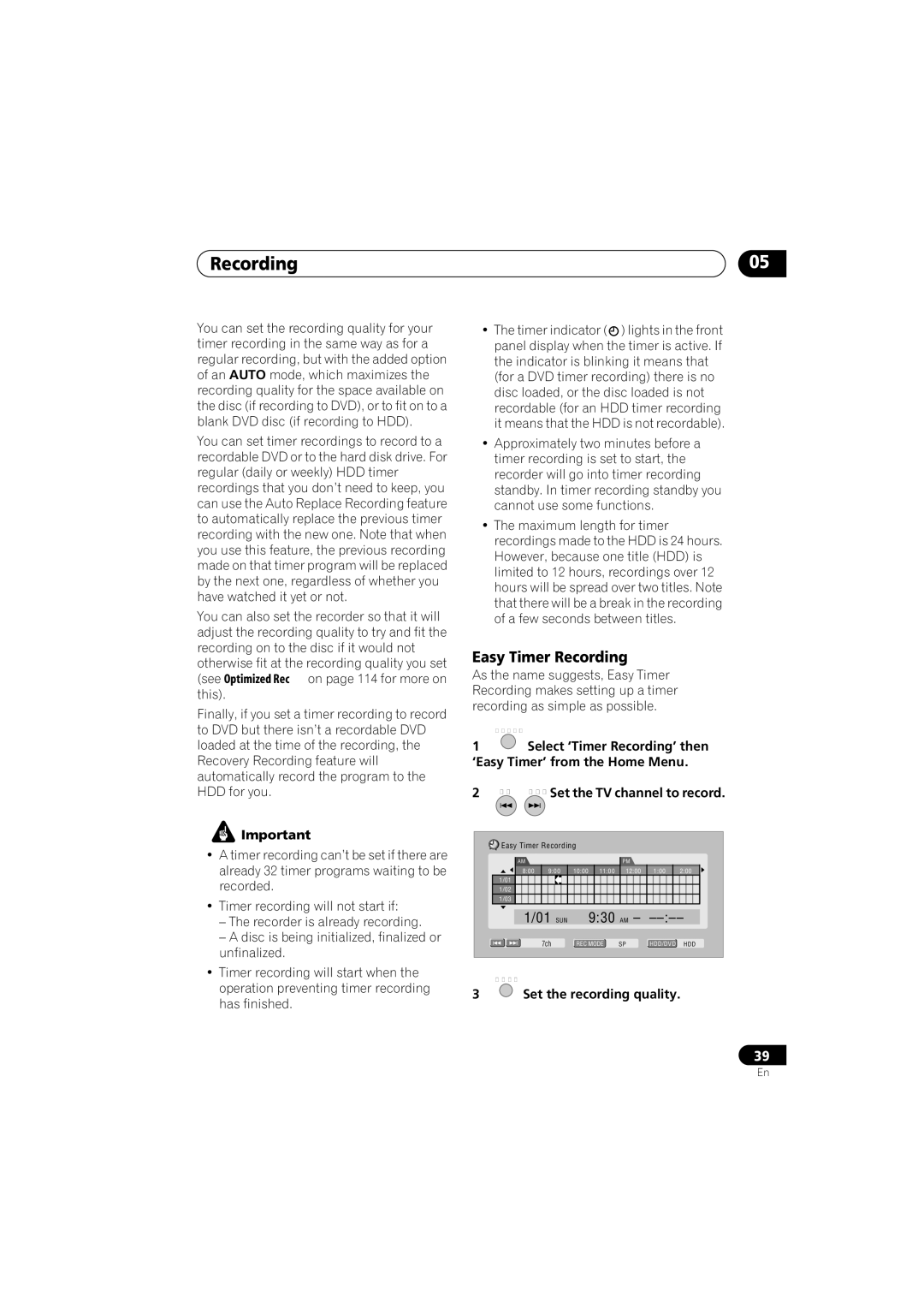 Pioneer DVR-540H-S, DVR-543H-S operating instructions Easy Timer Recording, Set the recording quality 