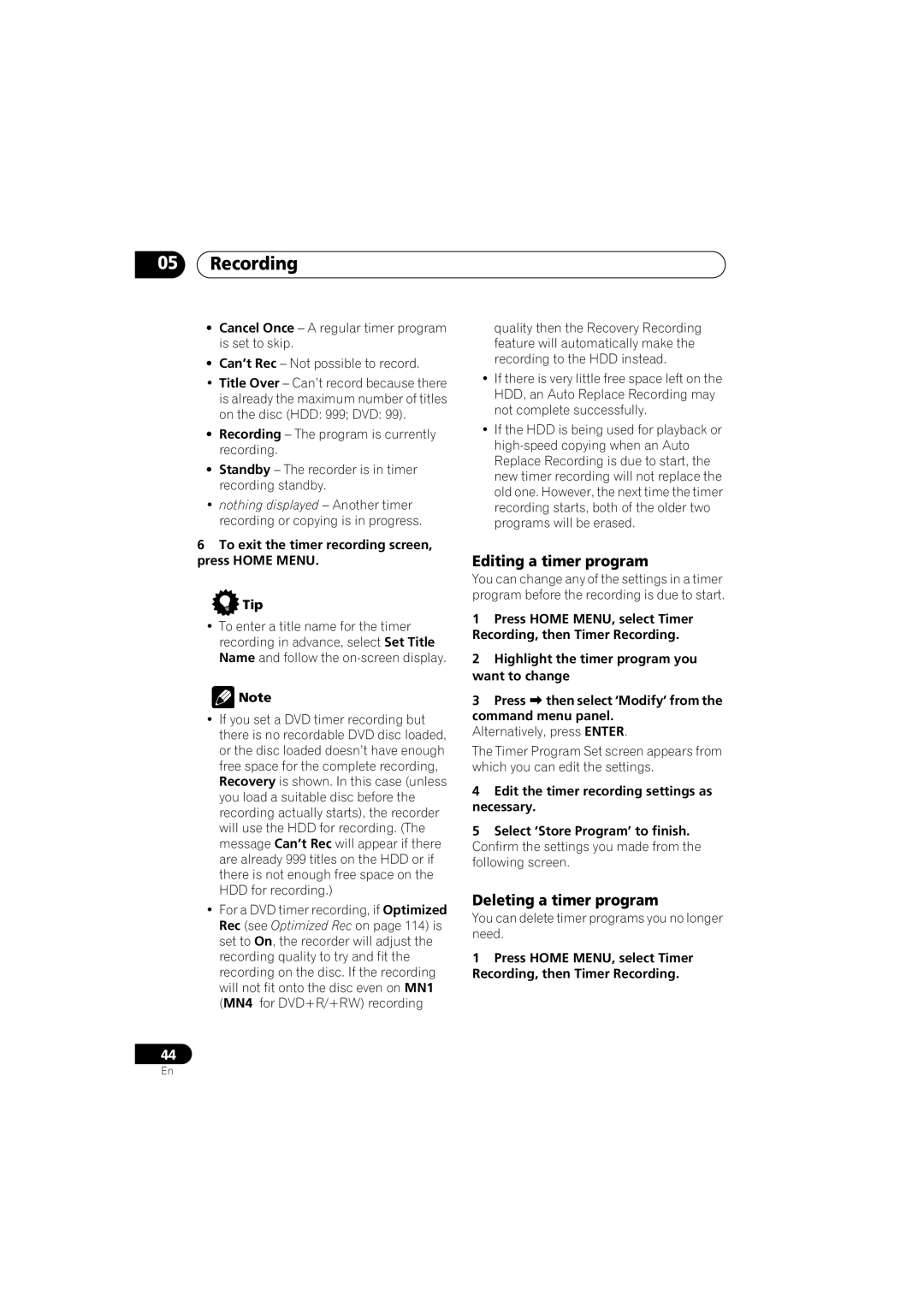 Pioneer DVR-543H-S Editing a timer program, Deleting a timer program, You can delete timer programs you no longer need 