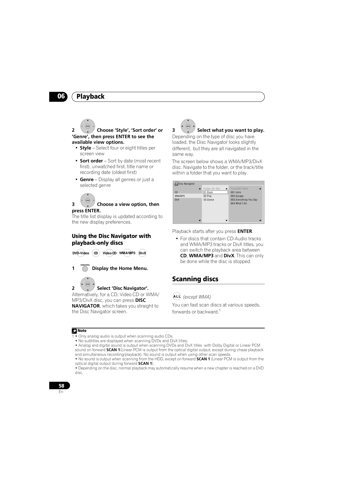 Pioneer DVR-543H-S Scanning discs, Using the Disc Navigator with playback-only discs, DVD-Video CD Video CD WMA/MP3 DivX 