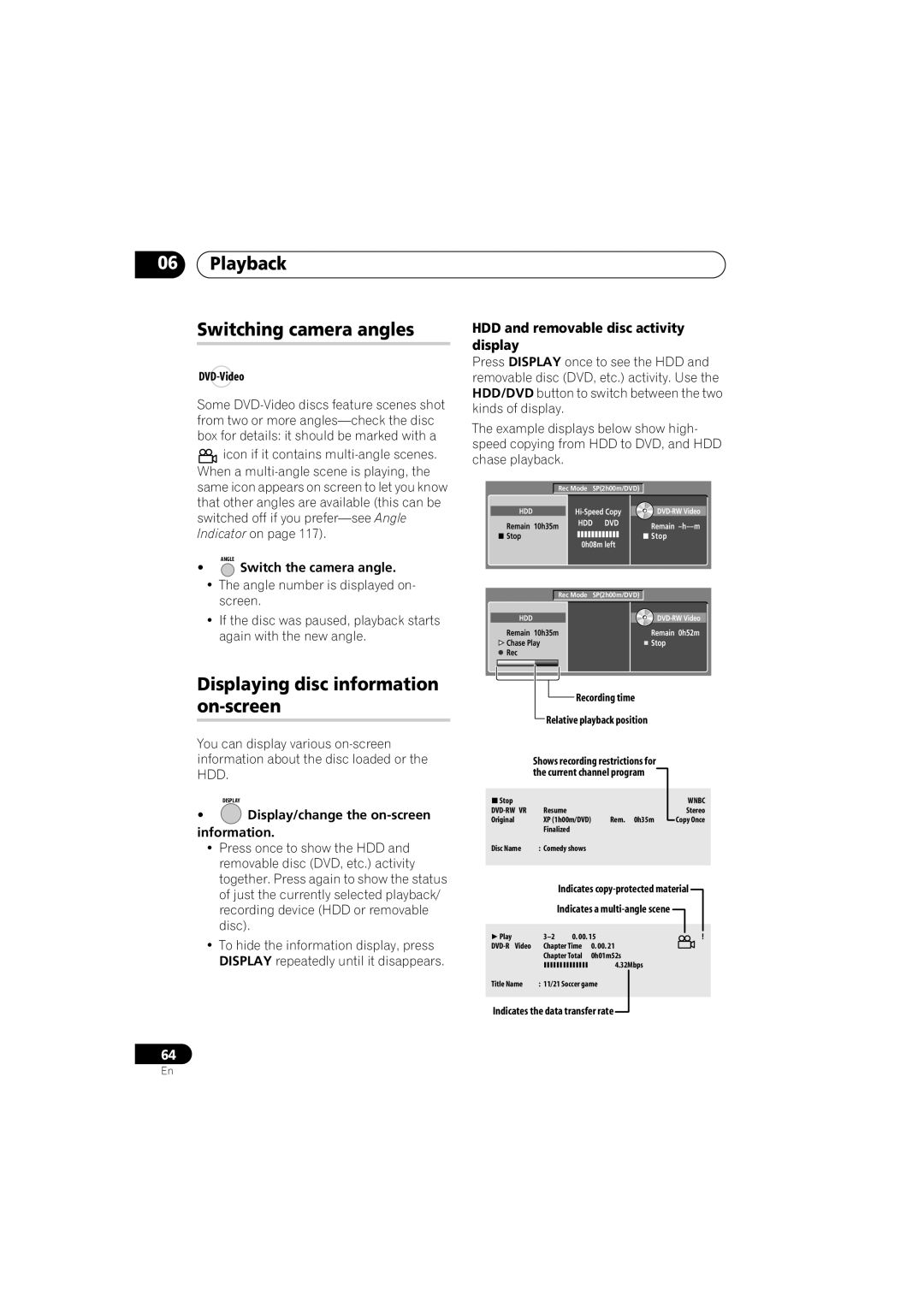 Pioneer DVR-543H-S Playback Switching camera angles, Displaying disc information on-screen, Switch the camera angle 