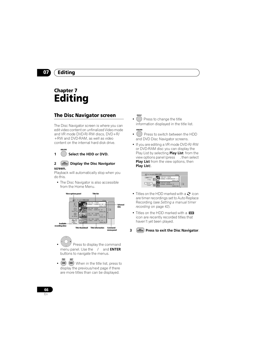 Pioneer DVR-543H-S, DVR-540H-S operating instructions Editing Chapter, Disc Navigator screen 