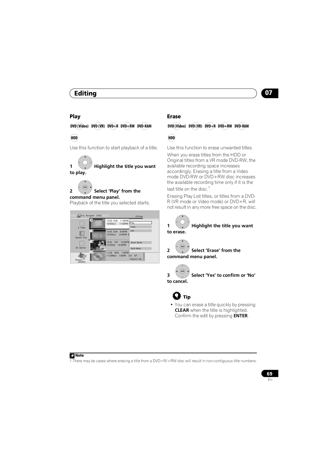 Pioneer DVR-540H-S, DVR-543H-S operating instructions Play, Erase 