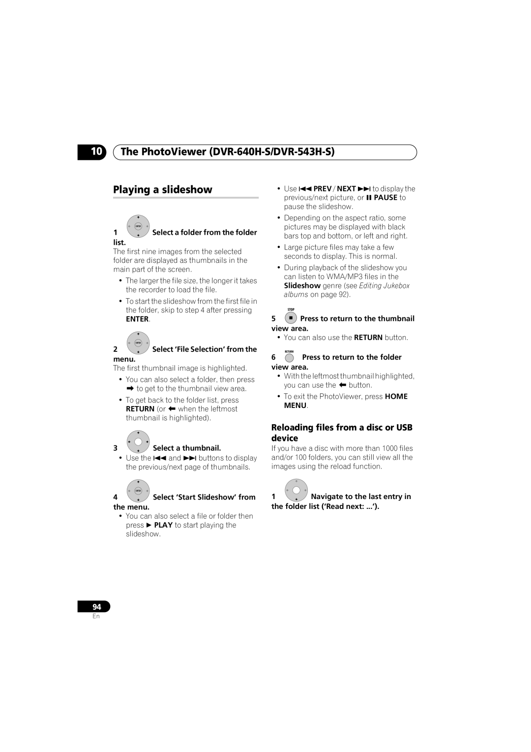 Pioneer PhotoViewer DVR-640H-S/DVR-543H-S Playing a slideshow, Reloading files from a disc or USB device, Prev / Next 