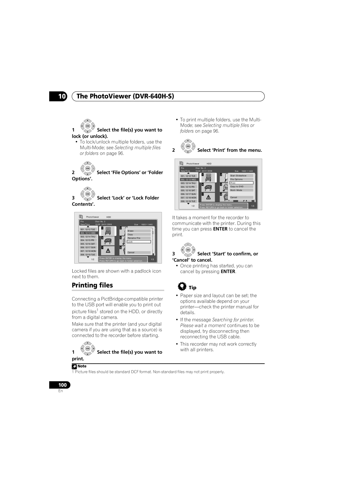 Pioneer DVR-640H-S manual Printing files, Lock or unlock, Select ‘Lock’ or ‘Lock Folder, ‘Cancel’ to cancel, Print Tip 