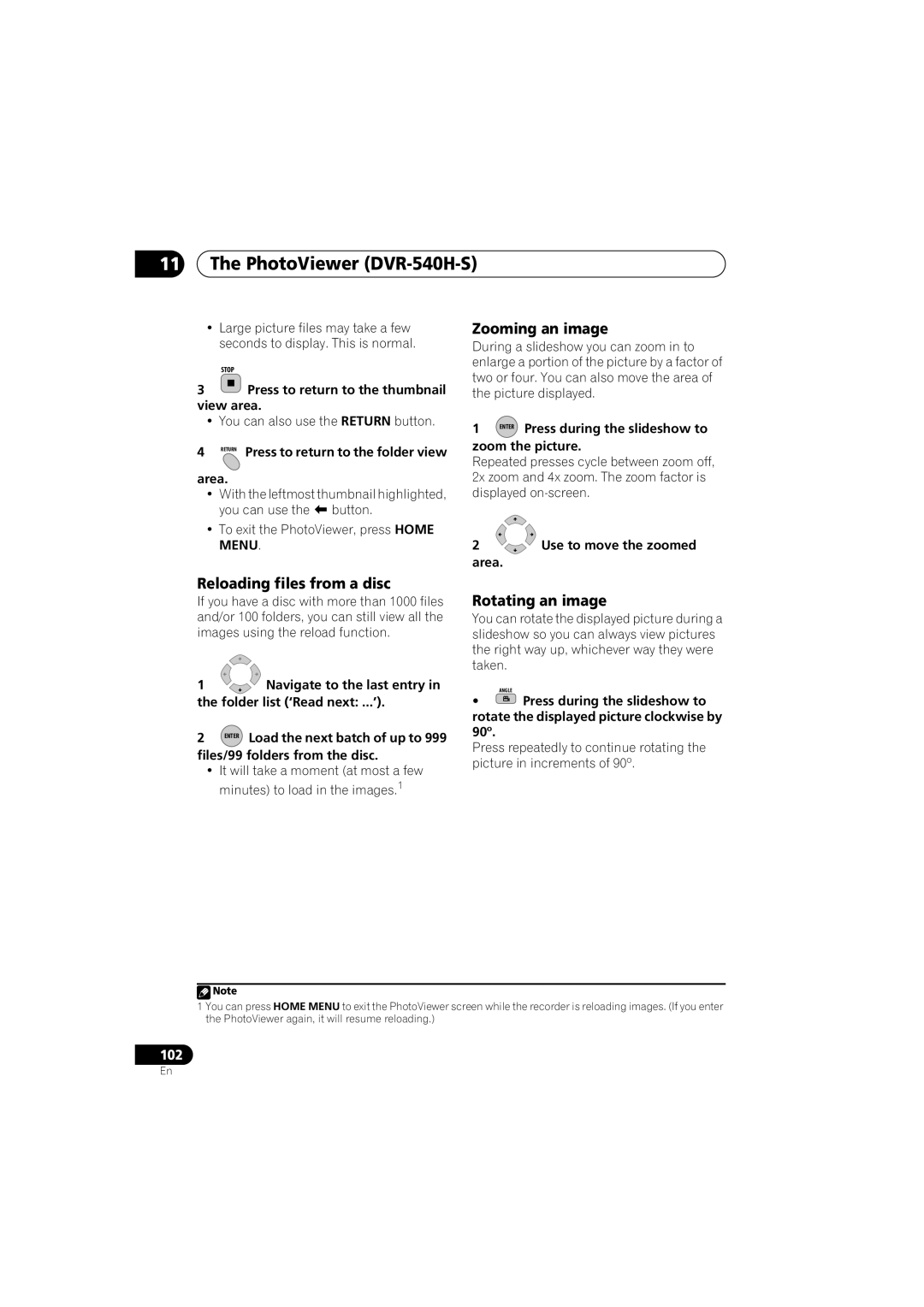 Pioneer DVR-640H-S PhotoViewer DVR-540H-S, Reloading files from a disc, Return Press to return to the folder view Area 