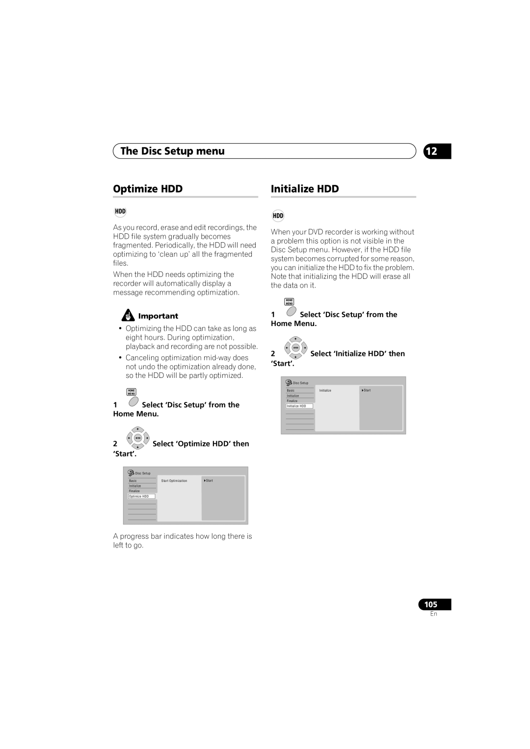 Pioneer DVR-640H-S manual Disc Setup menu Optimize HDD, Initialize HDD, Select ‘Optimize HDD’ then, ‘Start’ 