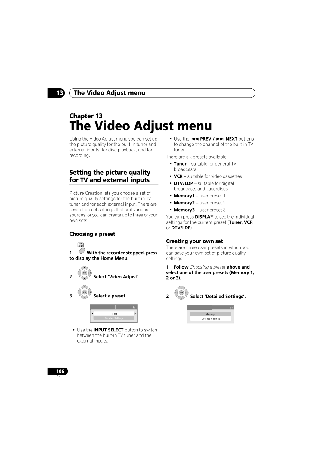 Pioneer DVR-640H-S manual Video Adjust menu Chapter, Setting the picture quality for TV and external inputs 