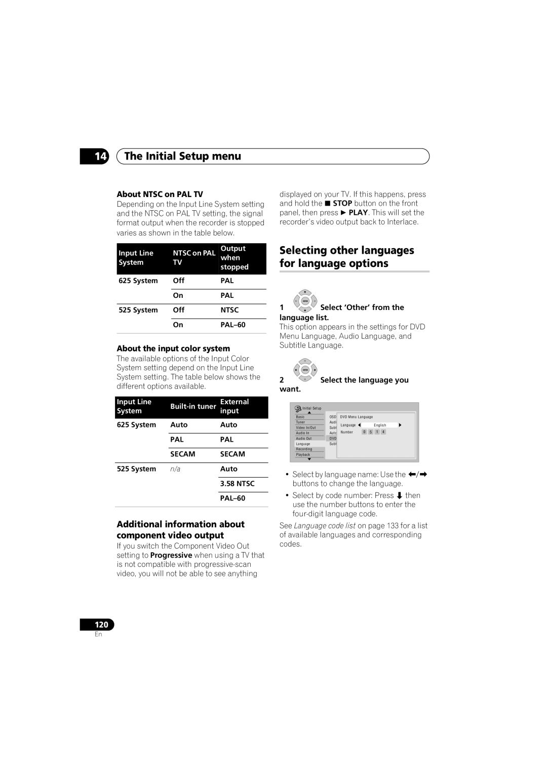 Pioneer DVR-640H-S Selecting other languages for language options, Additional information about component video output 