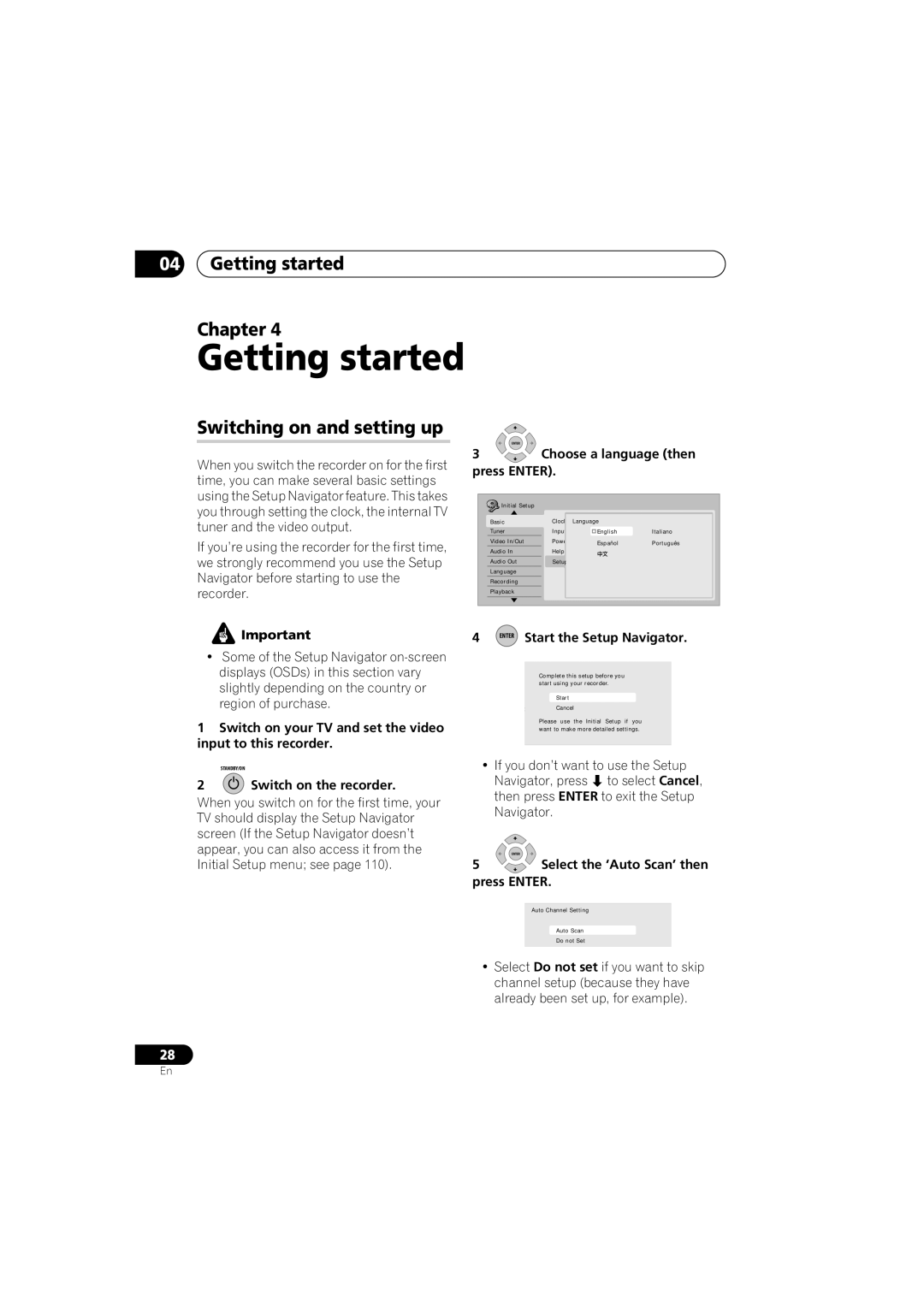 Pioneer DVR-640H-S manual Getting started Chapter, Switching on and setting up 