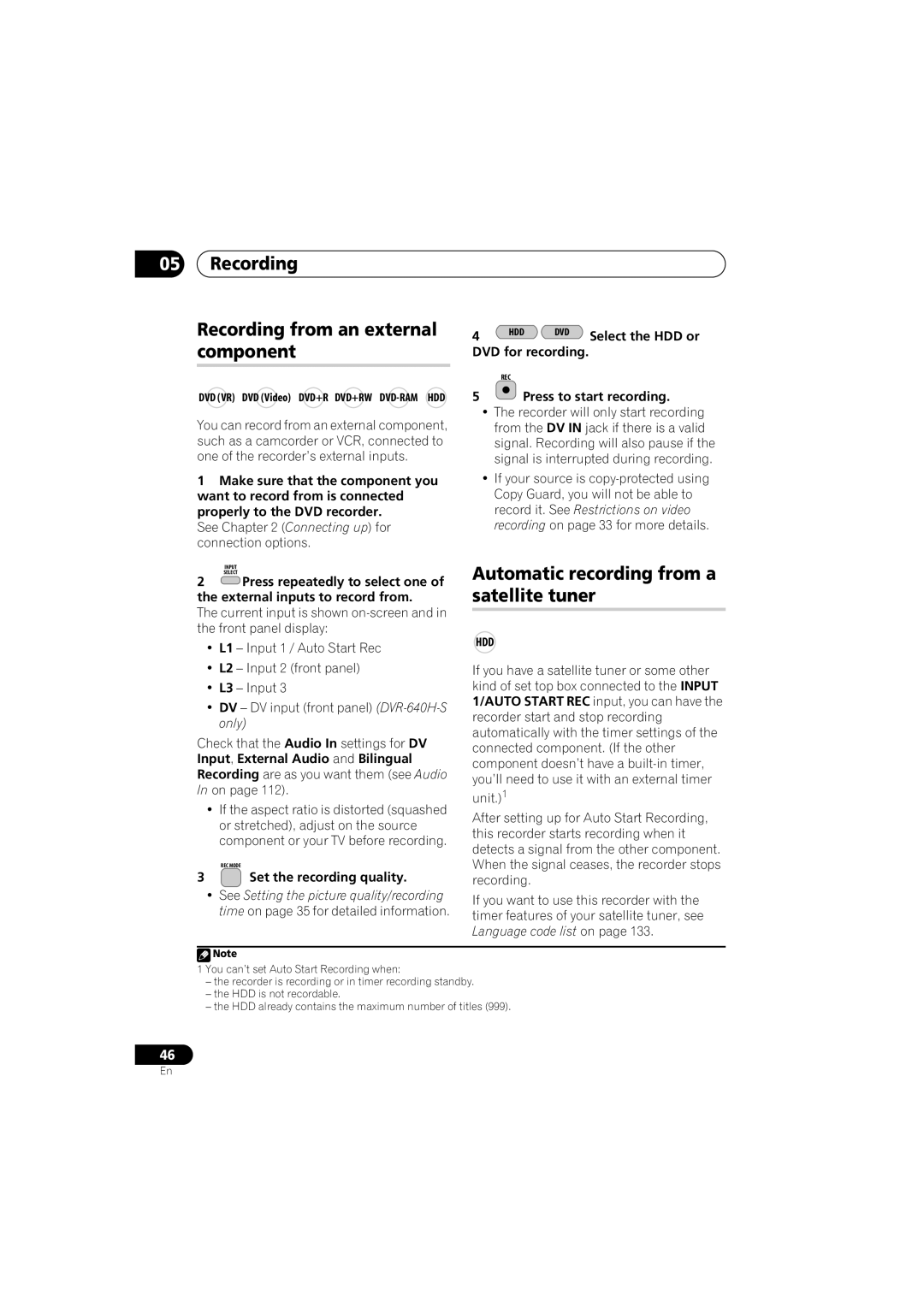 Pioneer DVR-640H-S manual Recording Recording from an external component, Automatic recording from a satellite tuner 