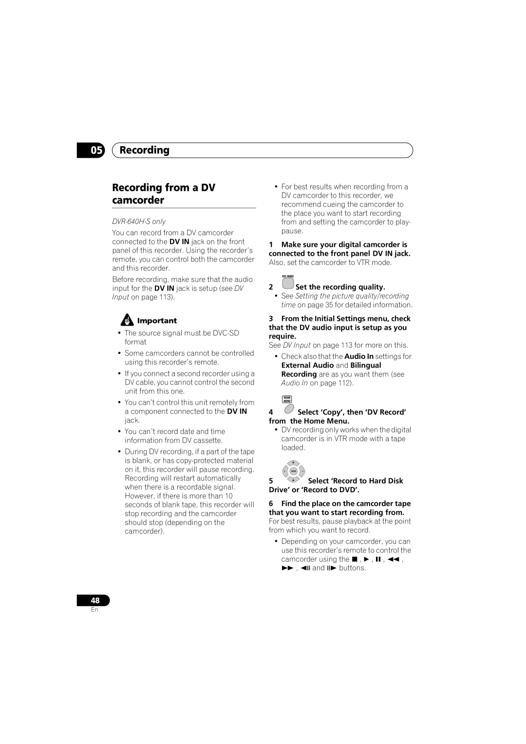 Pioneer DVR-640H-S manual Recording Recording from a DV camcorder, Select ‘Copy’, then ‘DV Record’ from the Home Menu 