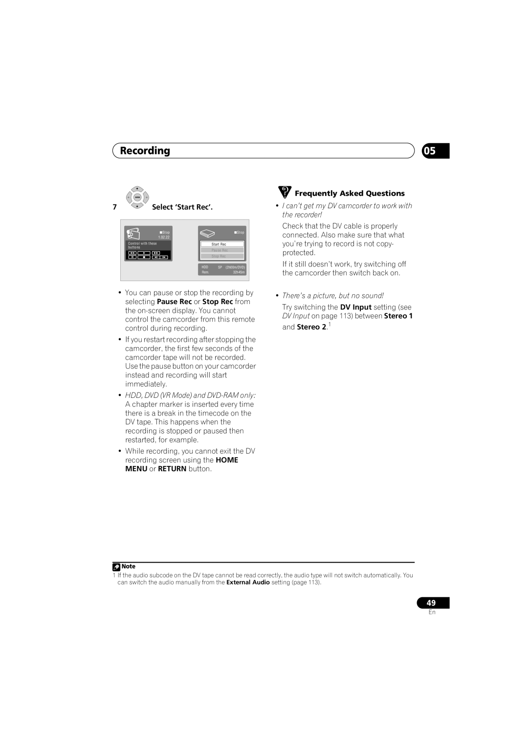 Pioneer DVR-640H-S manual Select ‘Start Rec’, Can’t get my DV camcorder to work with the recorder 