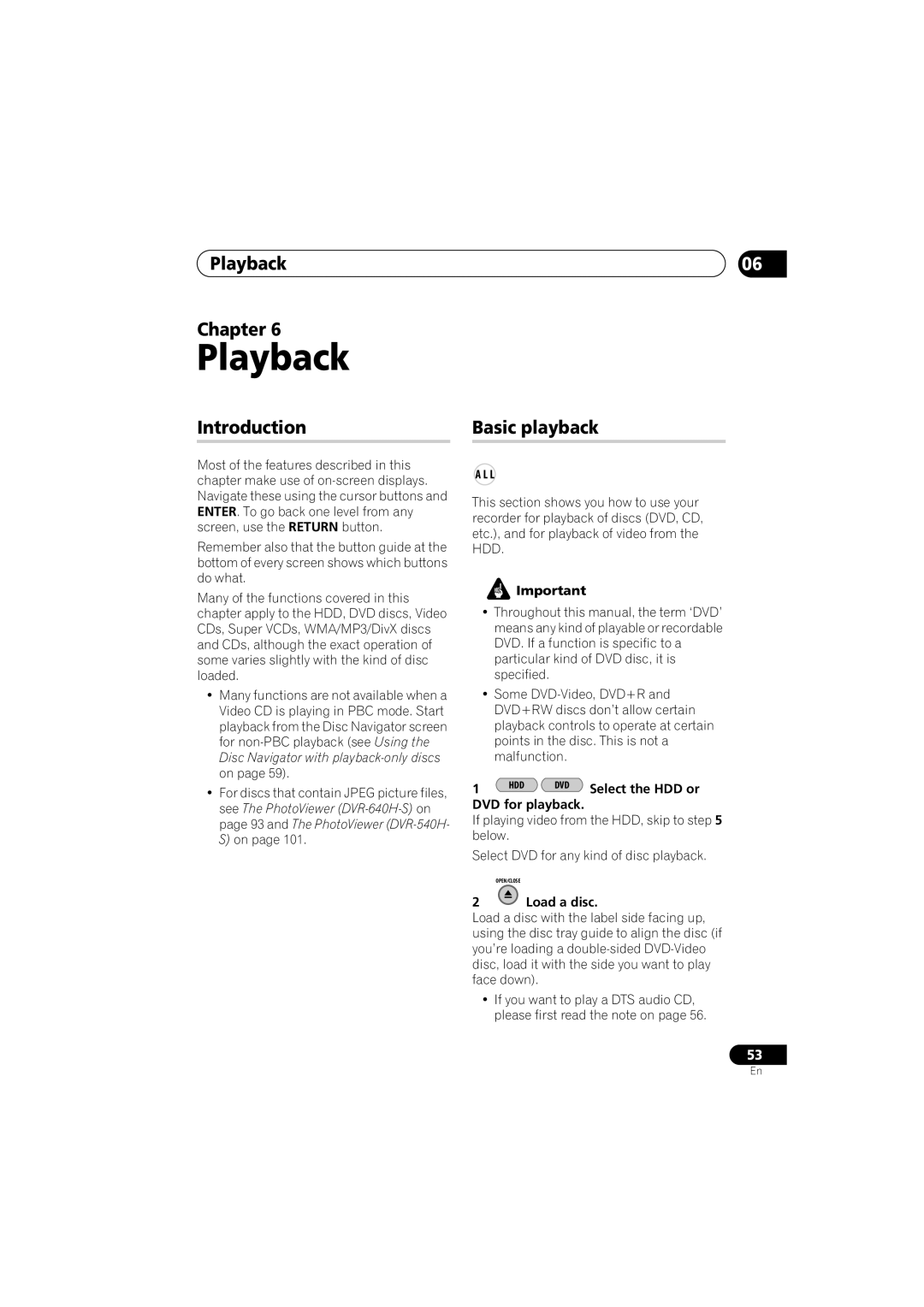 Pioneer DVR-640H-S manual Playback Chapter, Introduction, Basic playback 