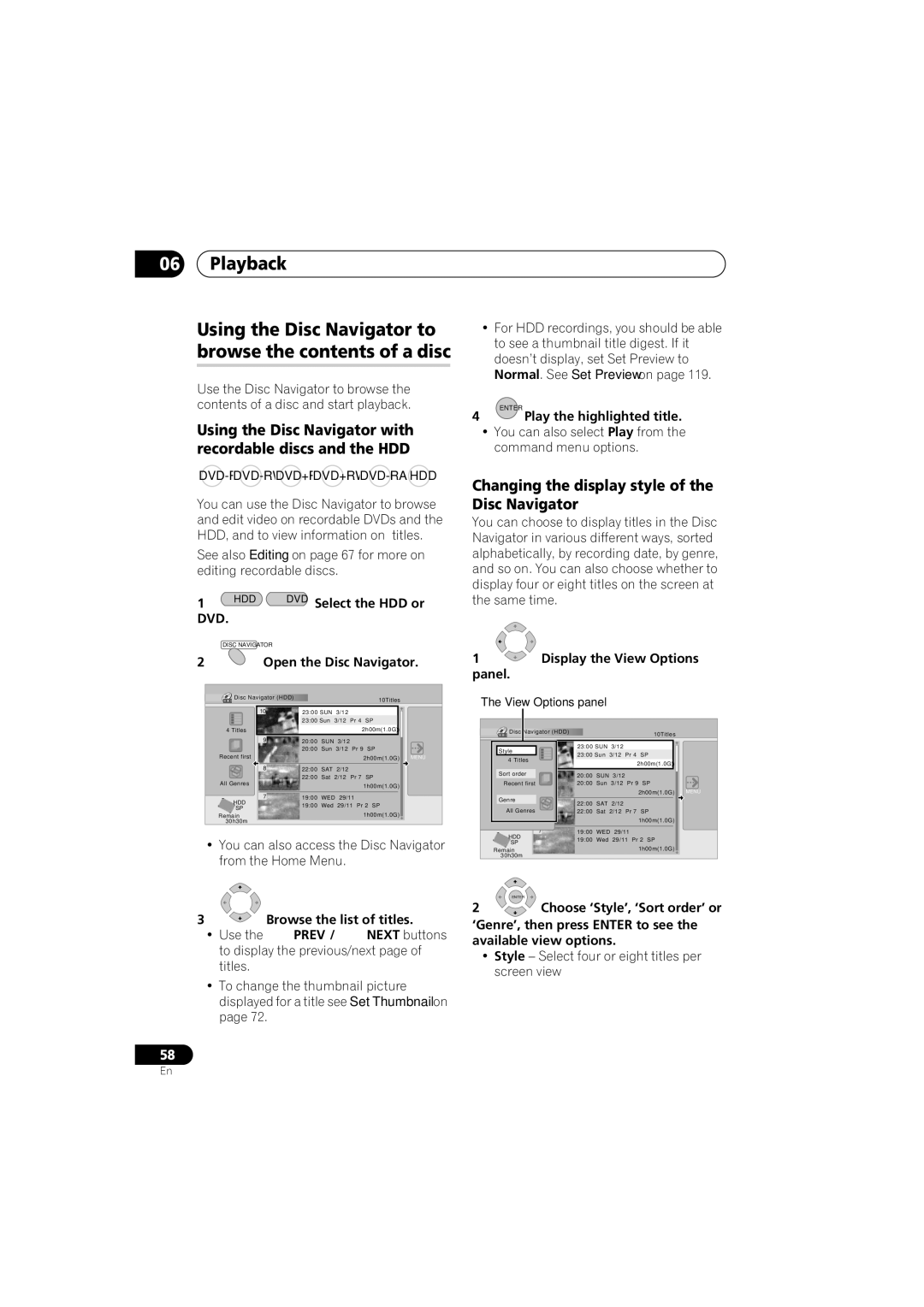 Pioneer DVR-640H-S manual Using the Disc Navigator to browse the contents of a disc 