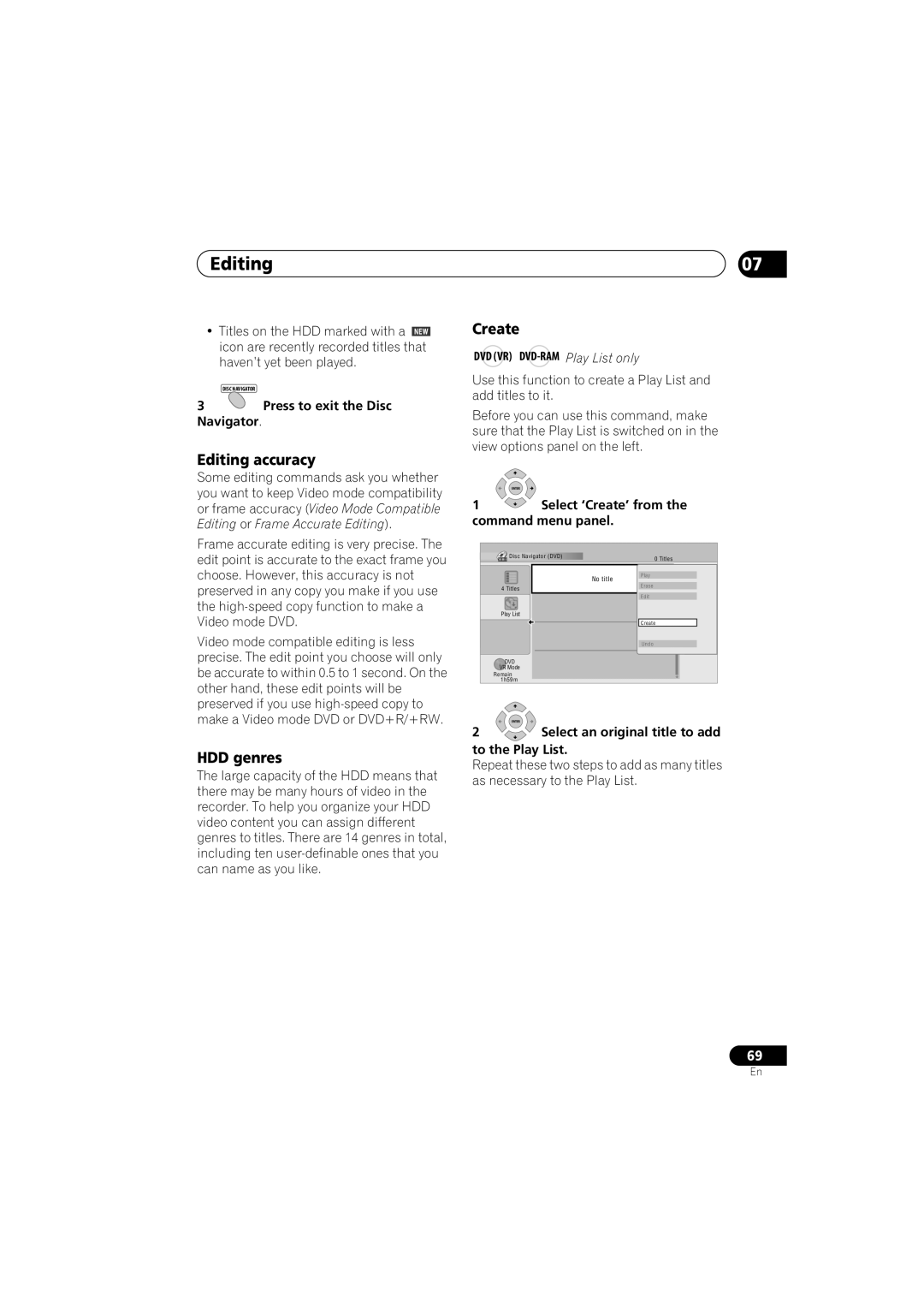 Pioneer DVR-640H-S manual Editing accuracy, HDD genres, Create 