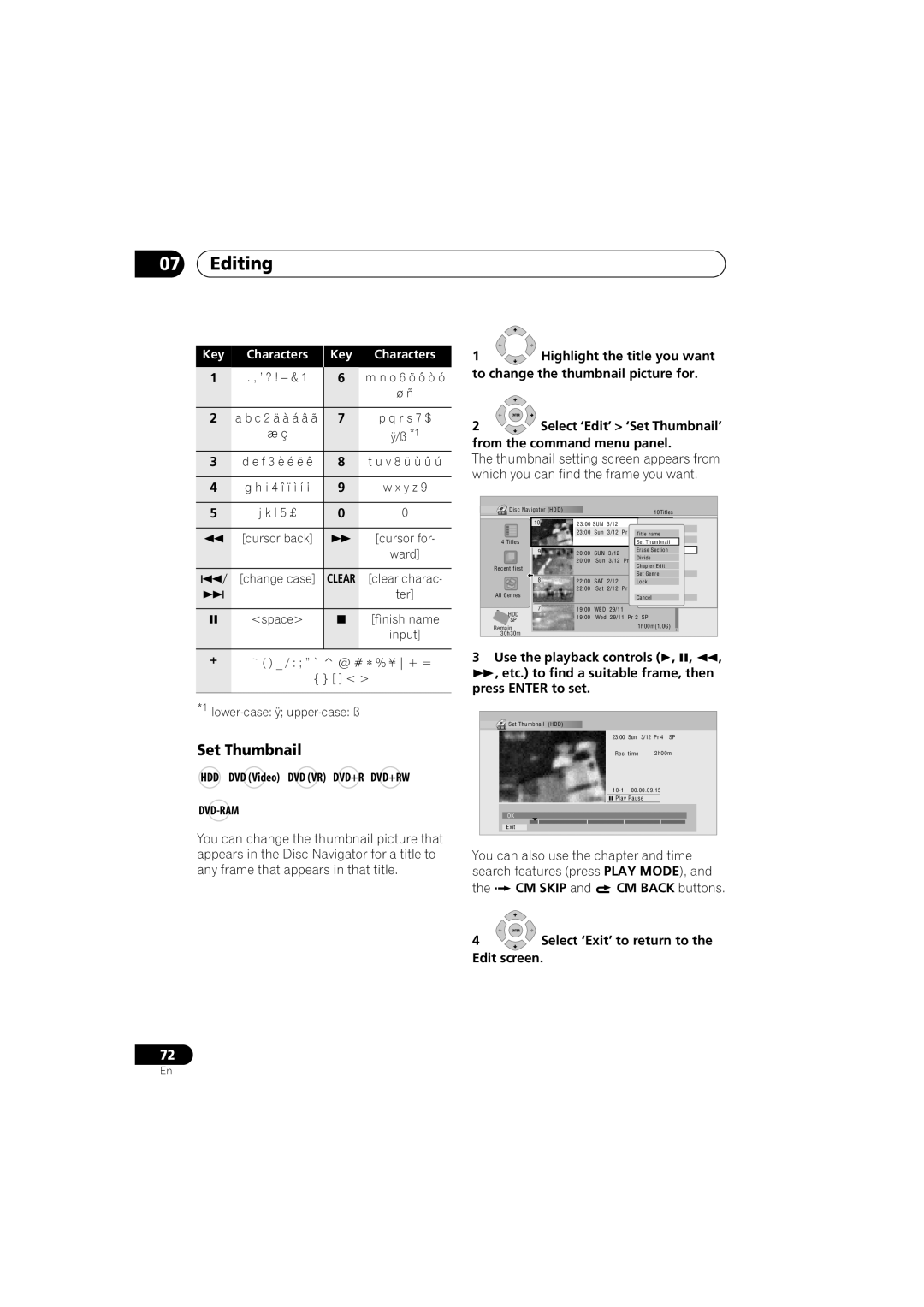 Pioneer DVR-640H-S manual Set Thumbnail, Key Characters 