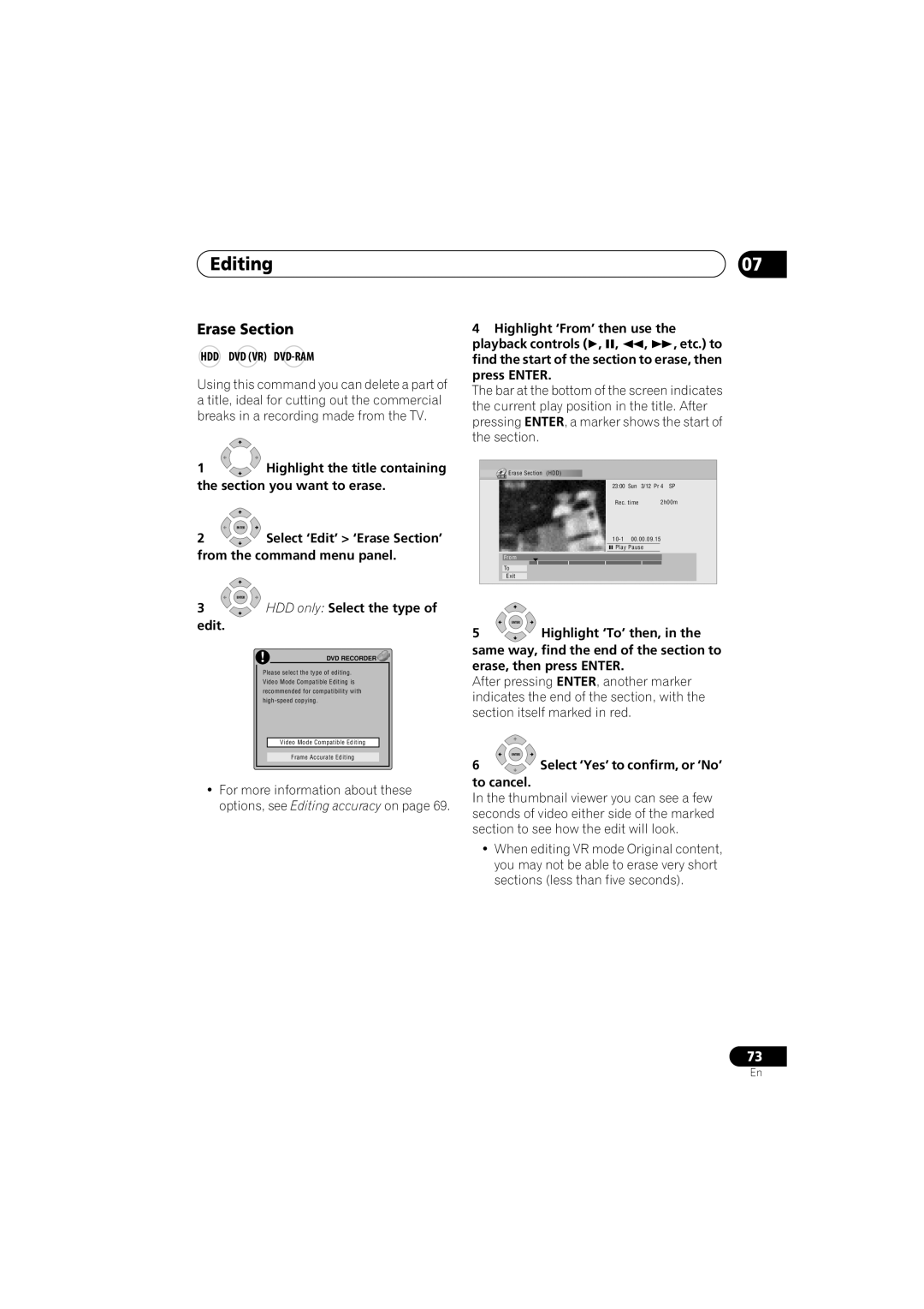 Pioneer DVR-640H-S manual Erase Section, HDD only Select the type, Edit, Highlight ‘To’ then, To cancel 