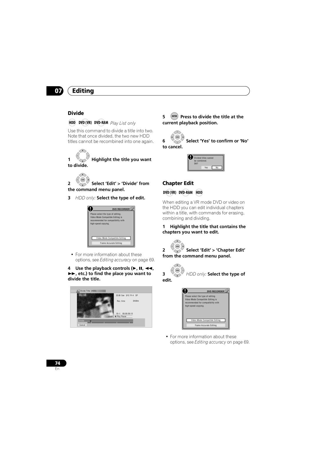 Pioneer DVR-640H-S manual Divide, Chapter Edit, Dvd Vr Dvd-Ram Hdd 