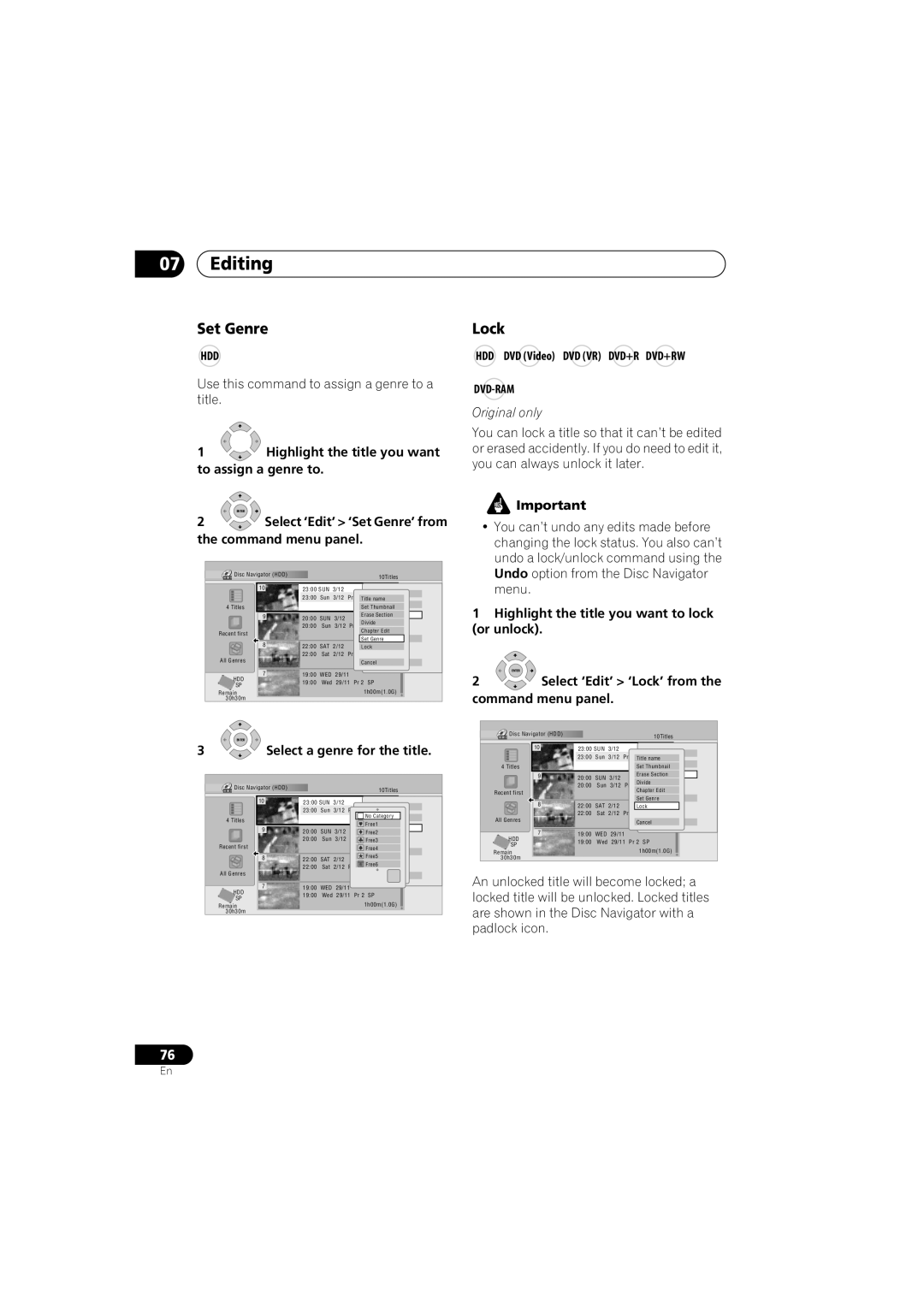 Pioneer DVR-640H-S manual Set Genre, Lock, Highlight the title you want to assign a genre to, Original only 