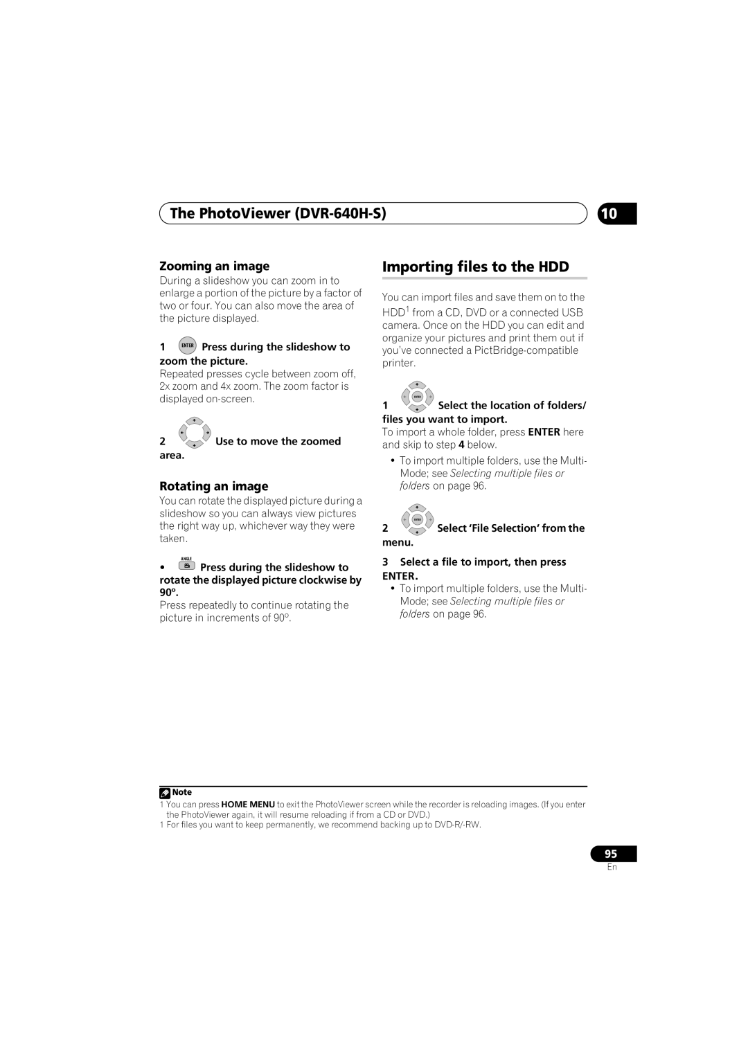 Pioneer manual PhotoViewer DVR-640H-S, Importing files to the HDD, Zooming an image, Rotating an image 