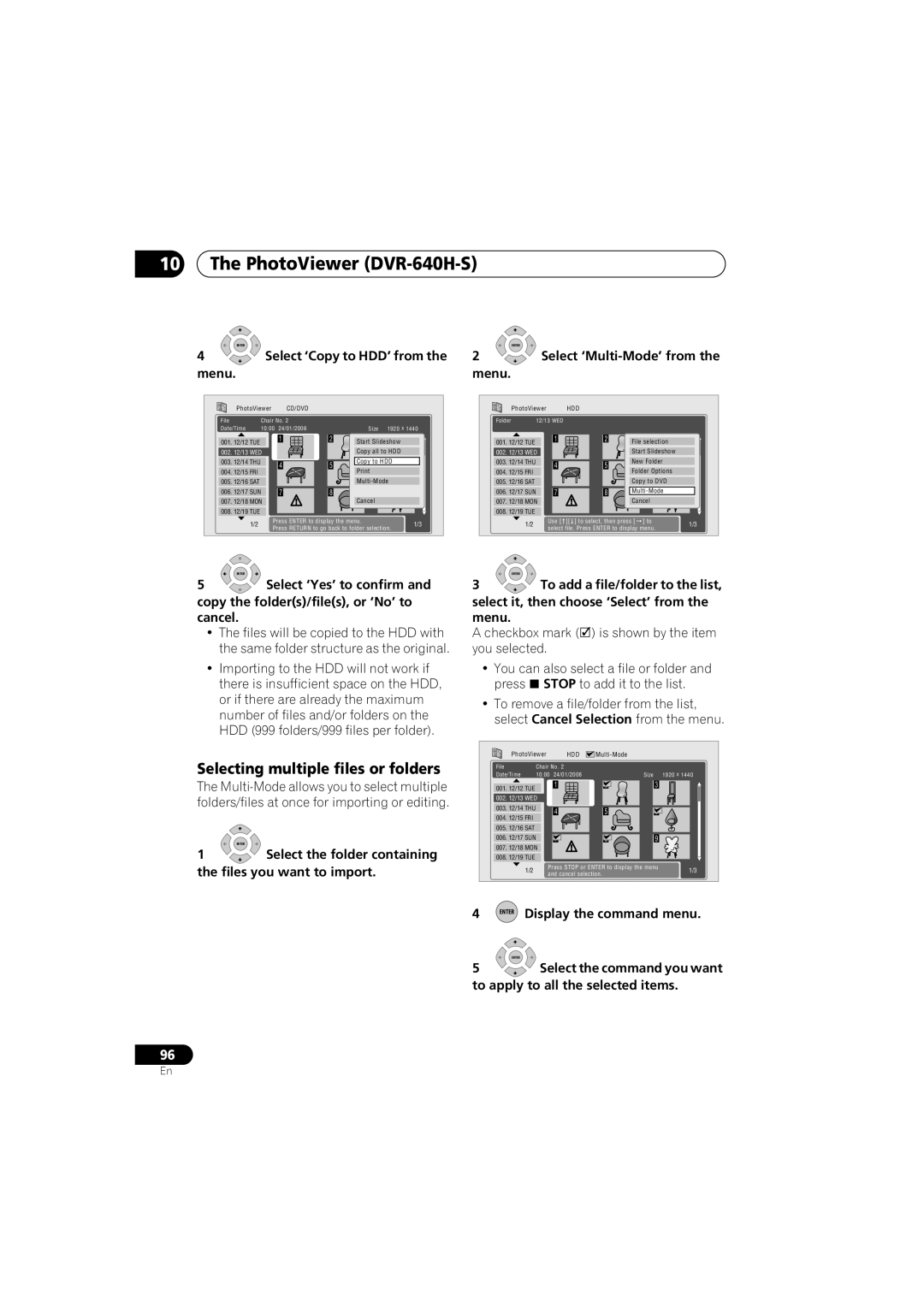 Pioneer DVR-640H-S manual Selecting multiple files or folders 