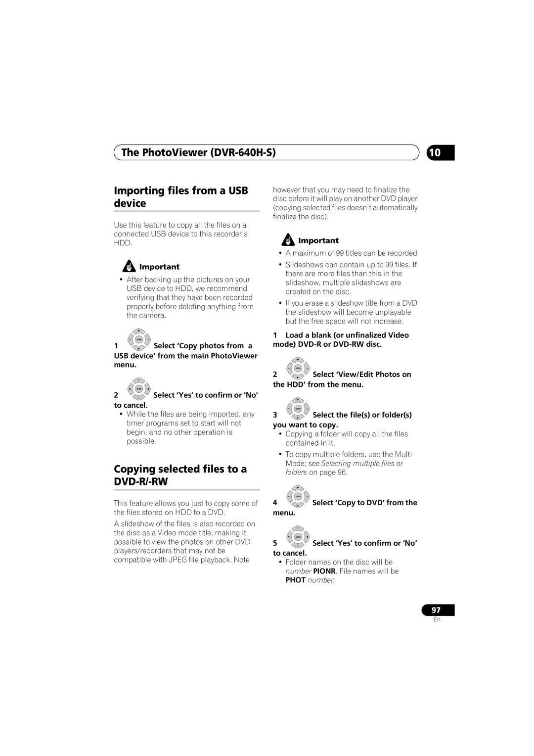 Pioneer manual PhotoViewer DVR-640H-S Importing files from a USB device, Copying selected files to a DVD-R/-RW 