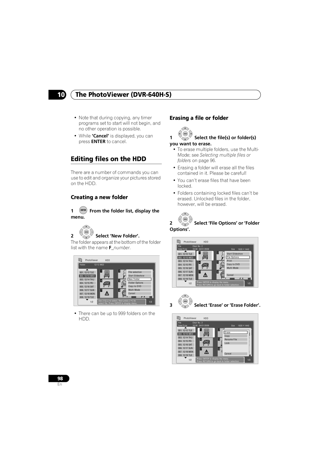 Pioneer DVR-640H-S manual Editing files on the HDD, Creating a new folder, Erasing a file or folder 