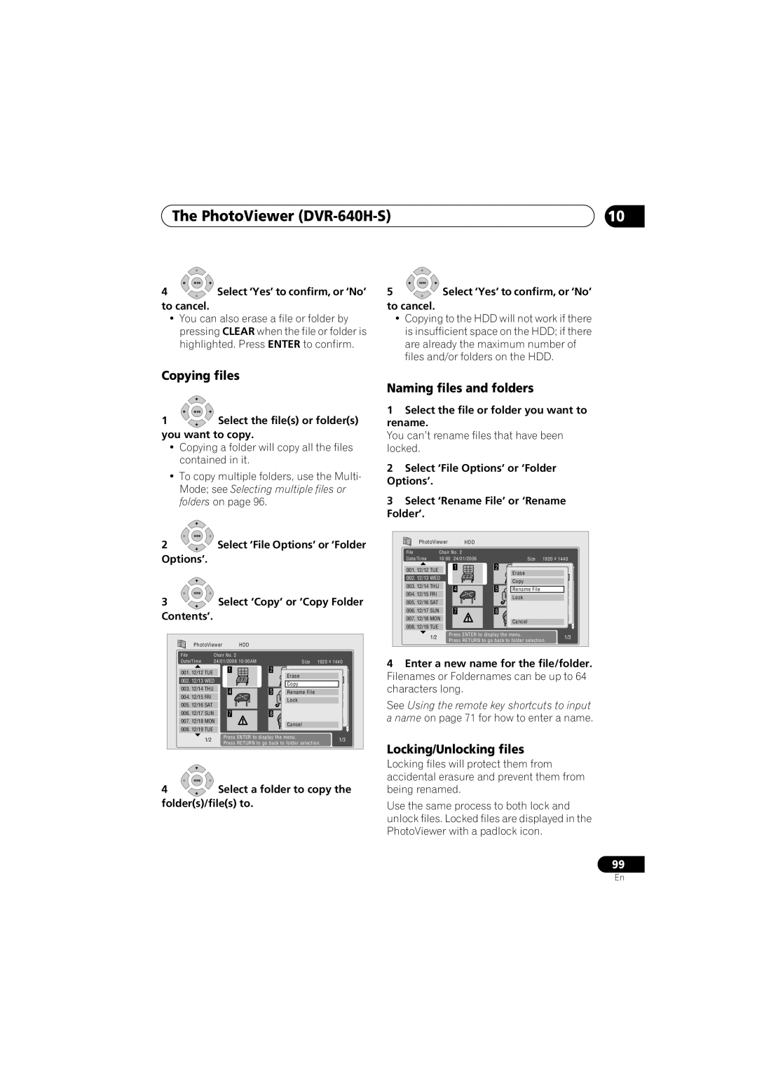 Pioneer DVR-640H-S manual Copying files, Naming files and folders, Locking/Unlocking files 