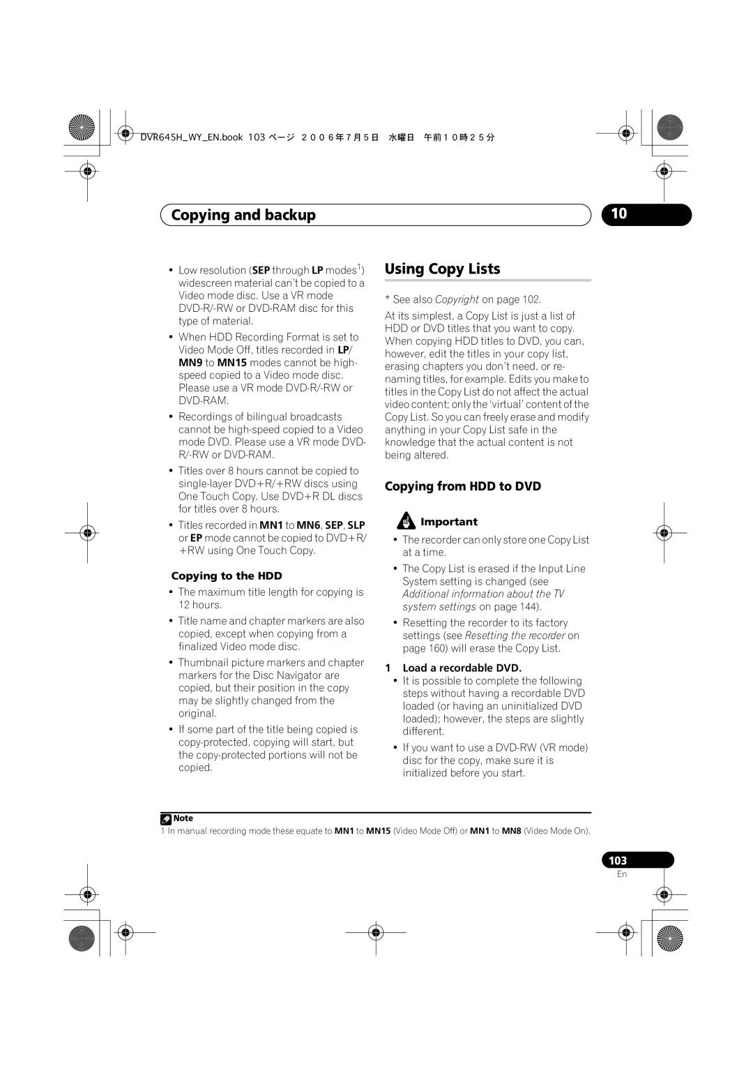 Pioneer DVR-545H-S, DVR-645H-S manual Using Copy Lists, Copying from HDD to DVD, Copying to the HDD, Load a recordable DVD 