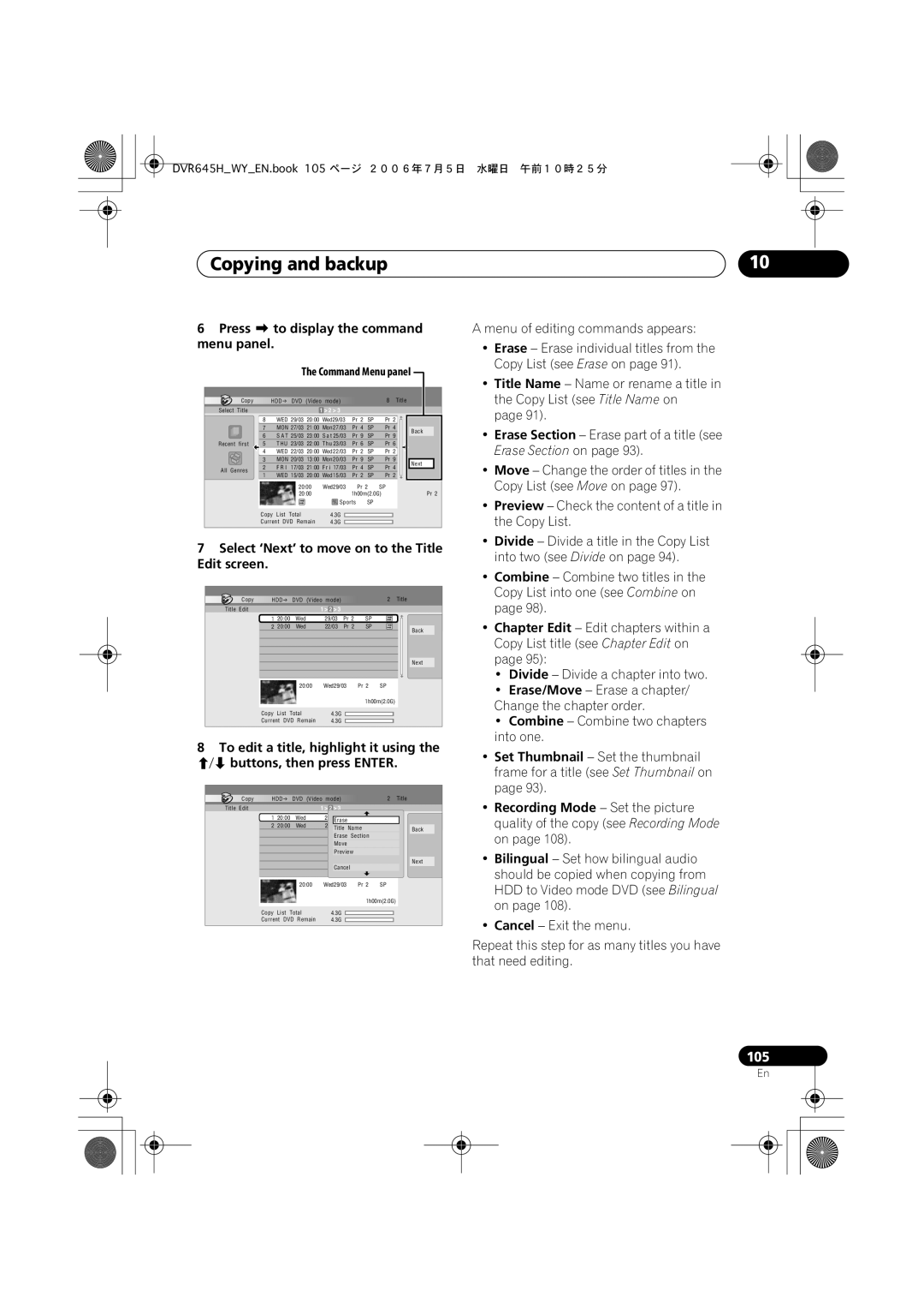 Pioneer DVR-545H-S, DVR-645H-S Press to display the command menu panel, Select ‘Next’ to move on to the Title Edit screen 