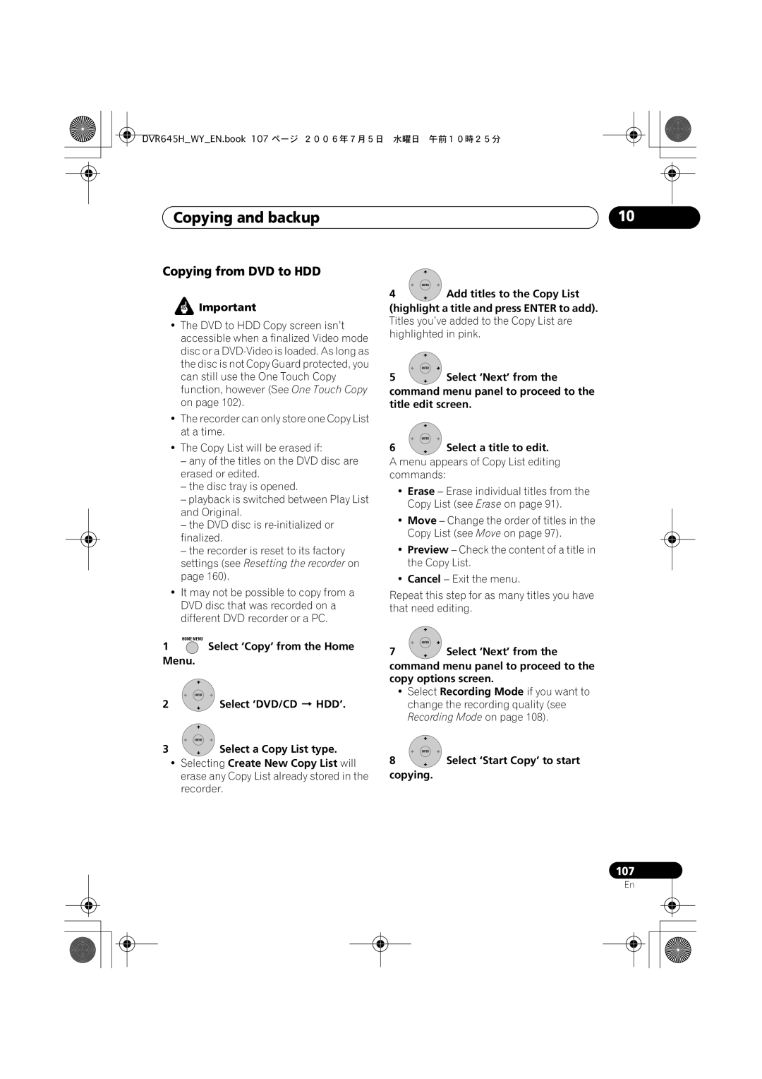 Pioneer DVR-545H-S, DVR-645H-S manual Copying from DVD to HDD, Select ‘DVD/CD HDD’, Select ‘Start Copy’ to start Copying 