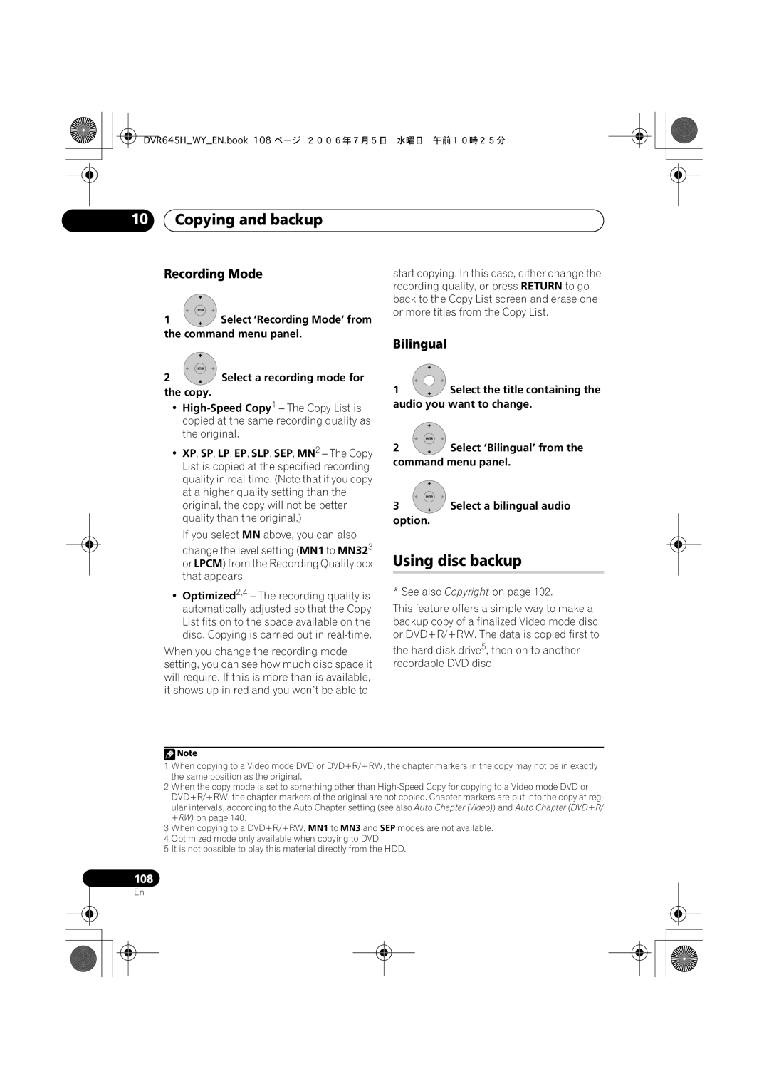 Pioneer DVR-645H-S, DVR-545H-S manual Using disc backup, Recording Mode, Bilingual 