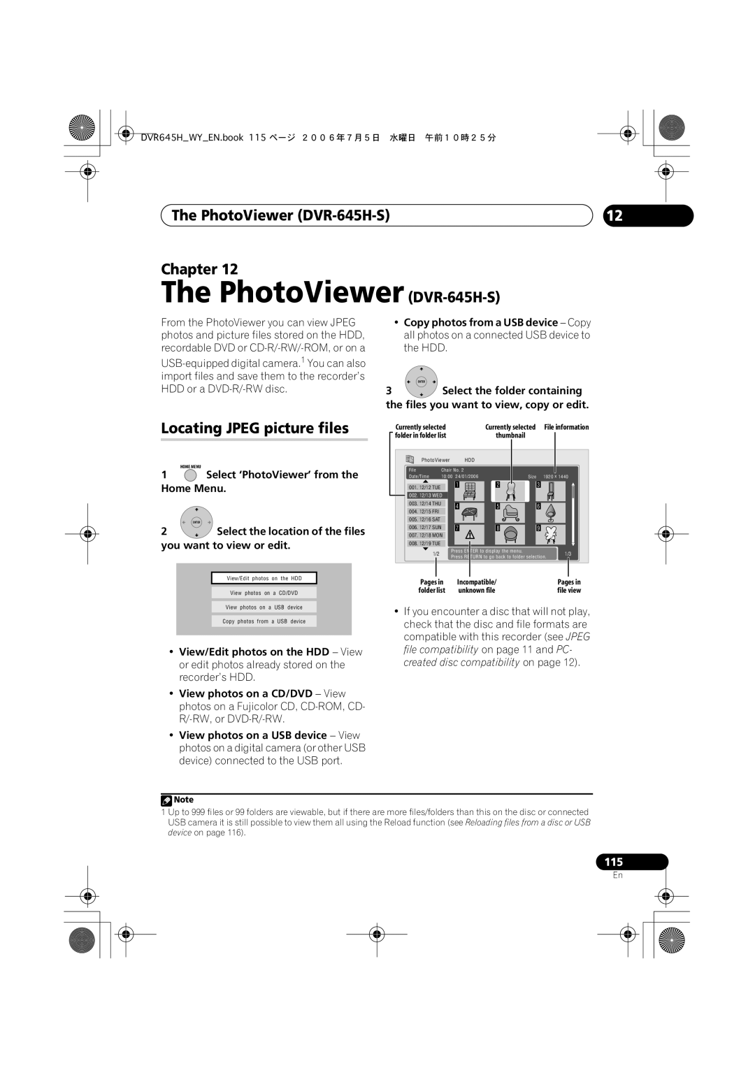 Pioneer DVR-545H-S manual PhotoViewer DVR-645H-S Chapter, Locating Jpeg picture files 