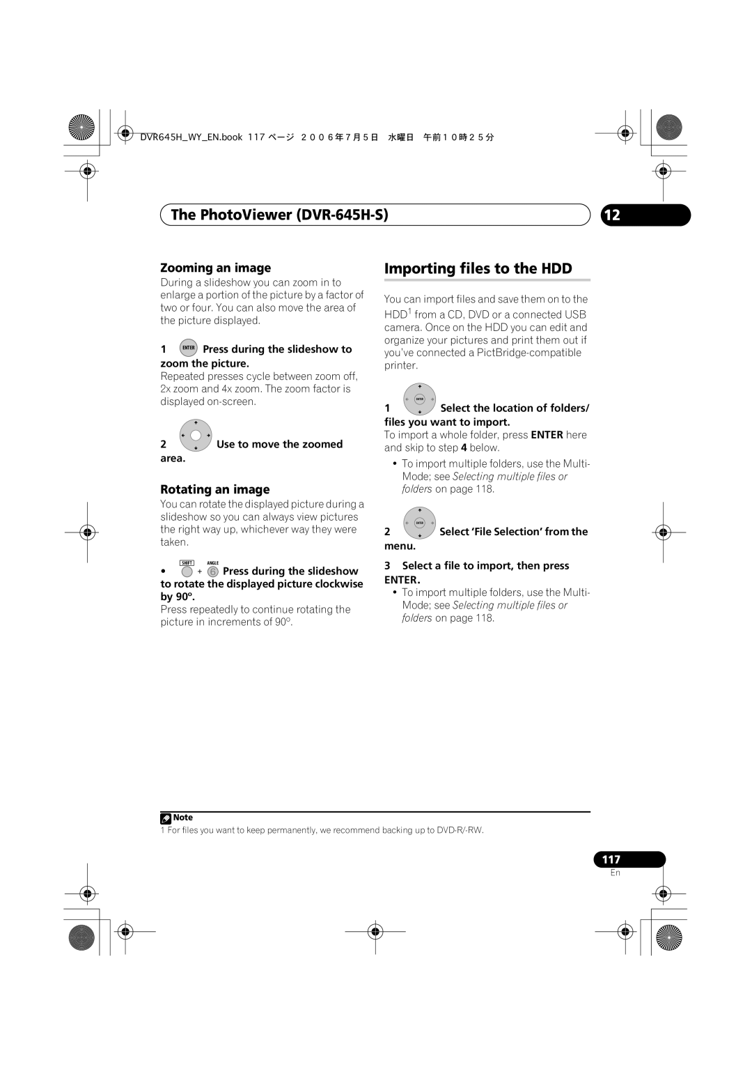 Pioneer DVR-545H-S manual PhotoViewer DVR-645H-S, Importing files to the HDD, Zooming an image, Rotating an image 