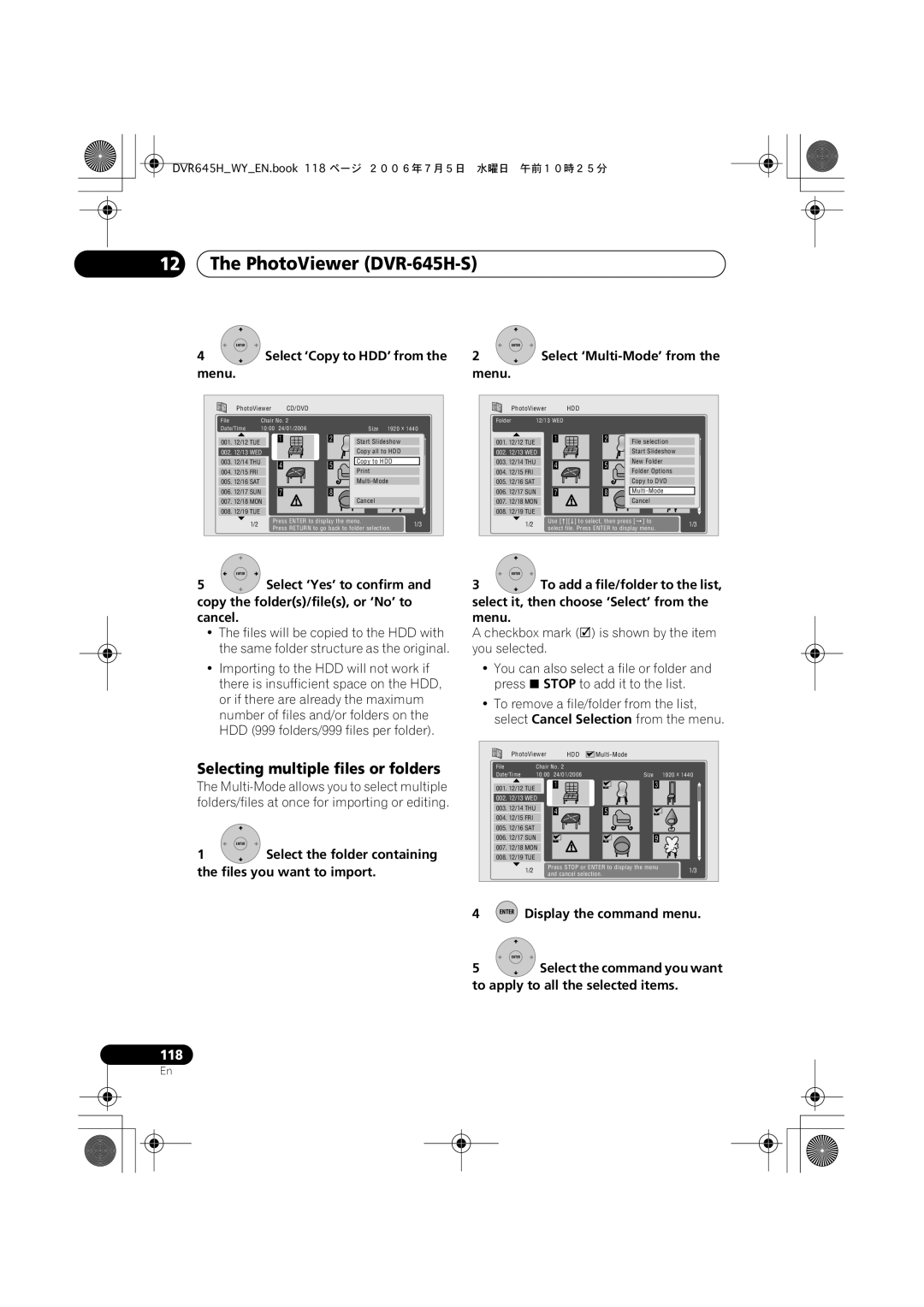 Pioneer DVR-645H-S manual Selecting multiple files or folders, Select ‘Copy to HDD’ from, Enter Display the command menu 