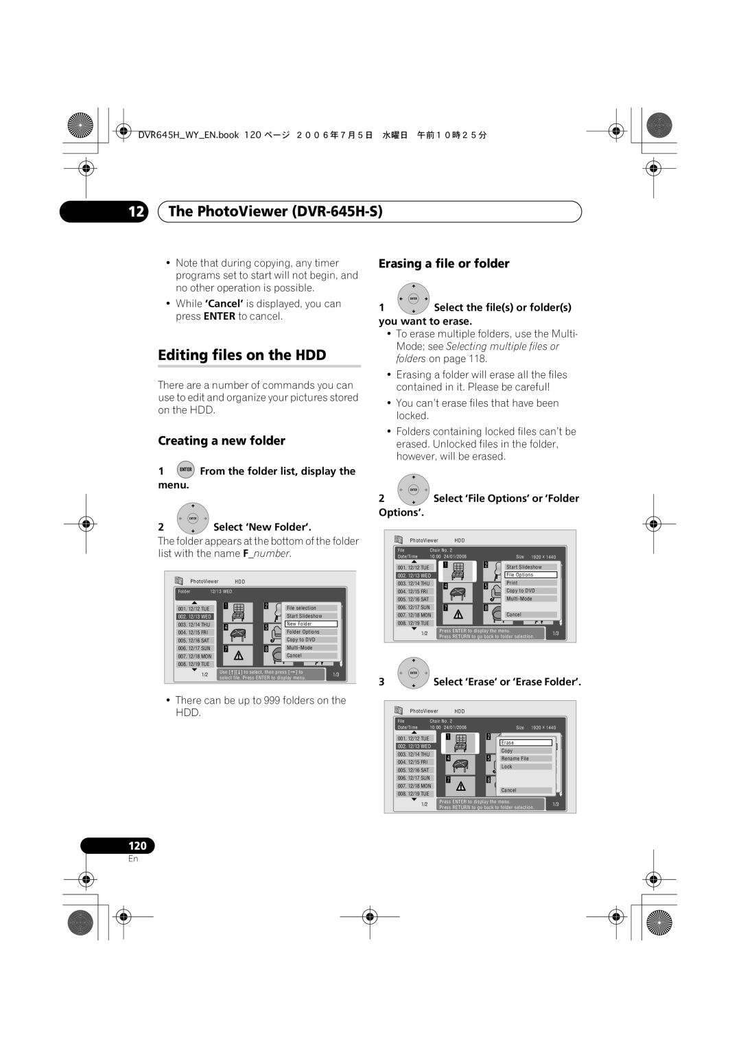 Pioneer DVR-645H-S, DVR-545H-S manual Editing files on the HDD, Creating a new folder, Erasing a file or folder 