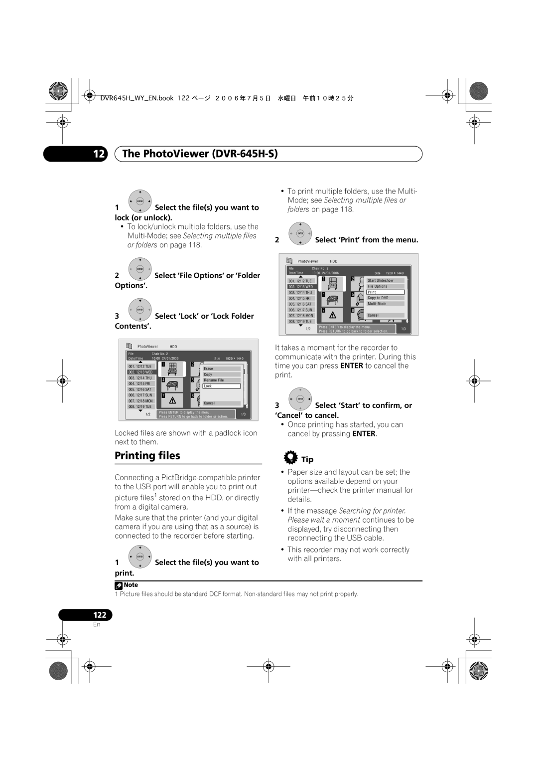 Pioneer DVR-645H-S, DVR-545H-S manual Printing files, Select the files you want to lock or unlock, ‘Cancel’ to cancel 