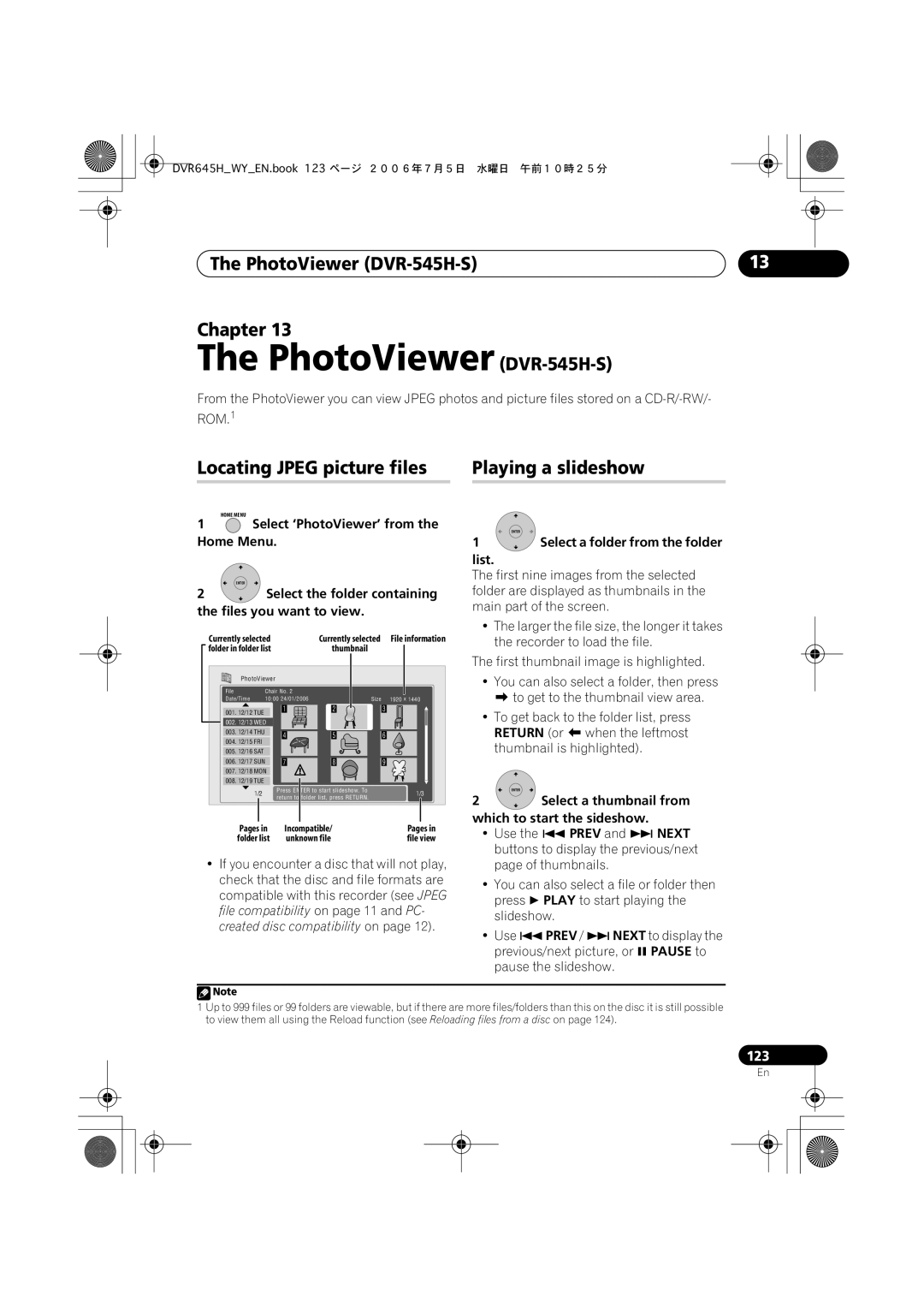 Pioneer DVR-645H-S manual PhotoViewer DVR-545H-S Chapter, Locating Jpeg picture files Playing a slideshow 