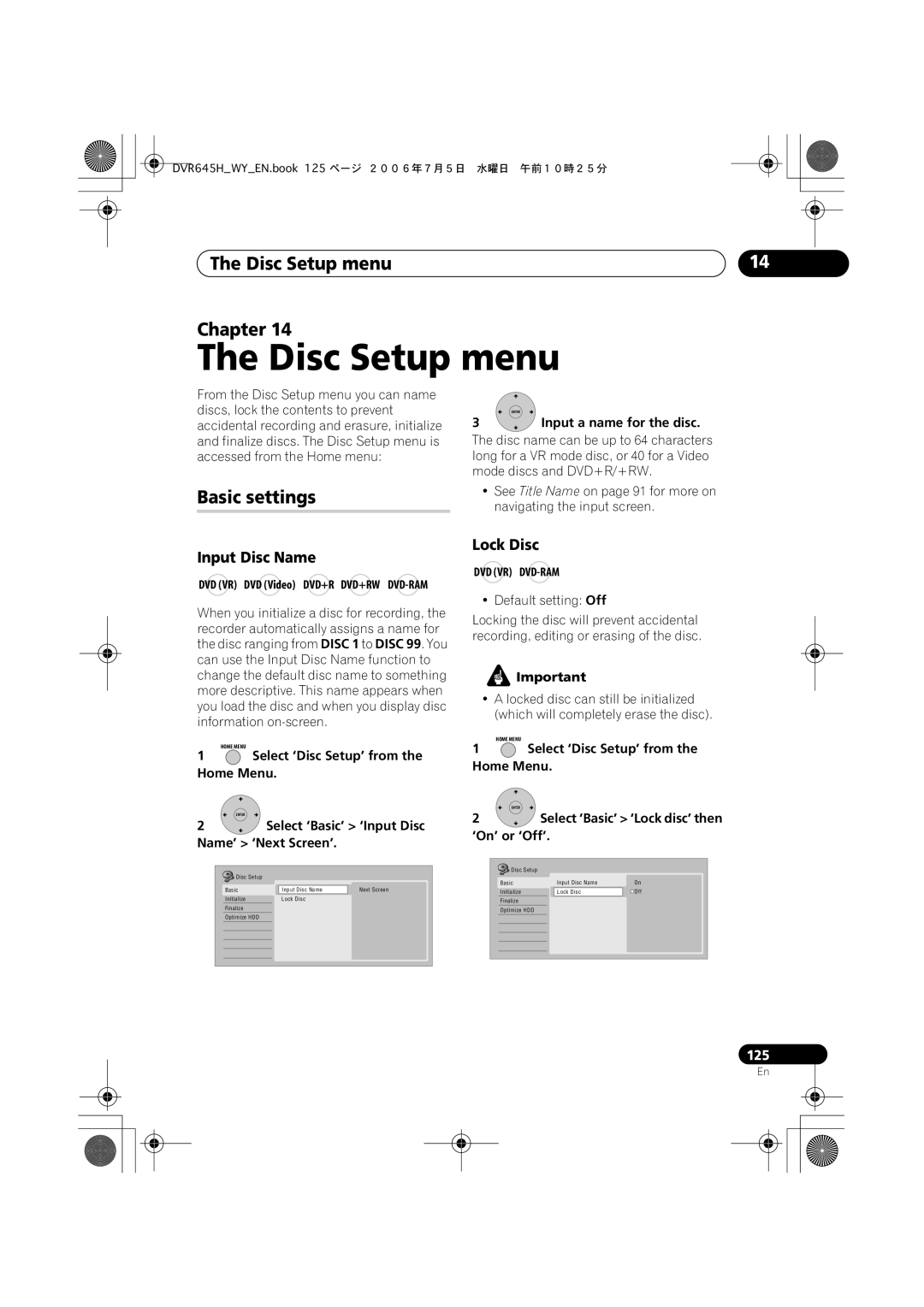 Pioneer DVR-545H-S, DVR-645H-S manual Disc Setup menu Chapter, Basic settings, Input Disc Name, Lock Disc 