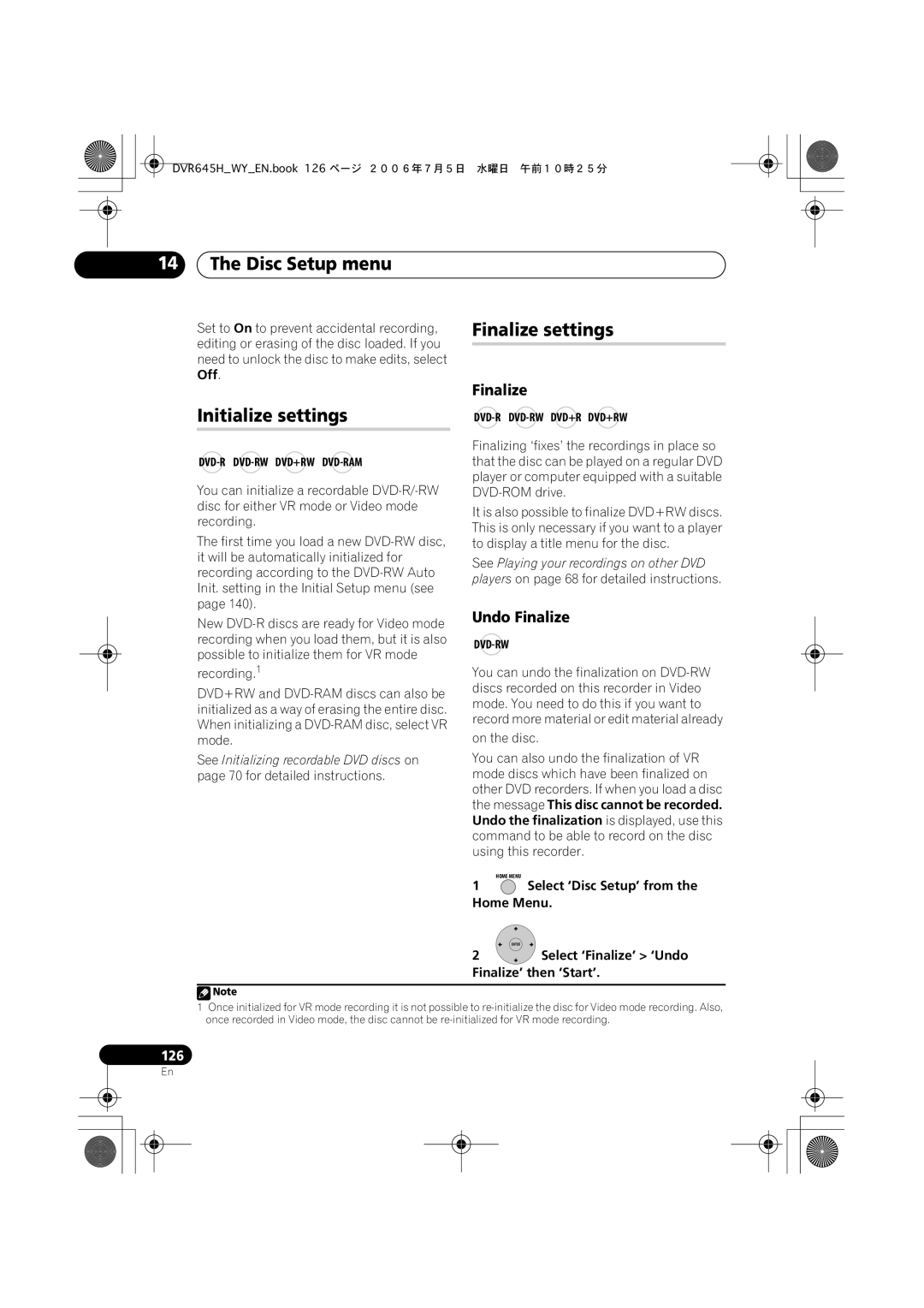 Pioneer DVR-645H-S, DVR-545H-S manual Disc Setup menu, Initialize settings, Undo Finalize 